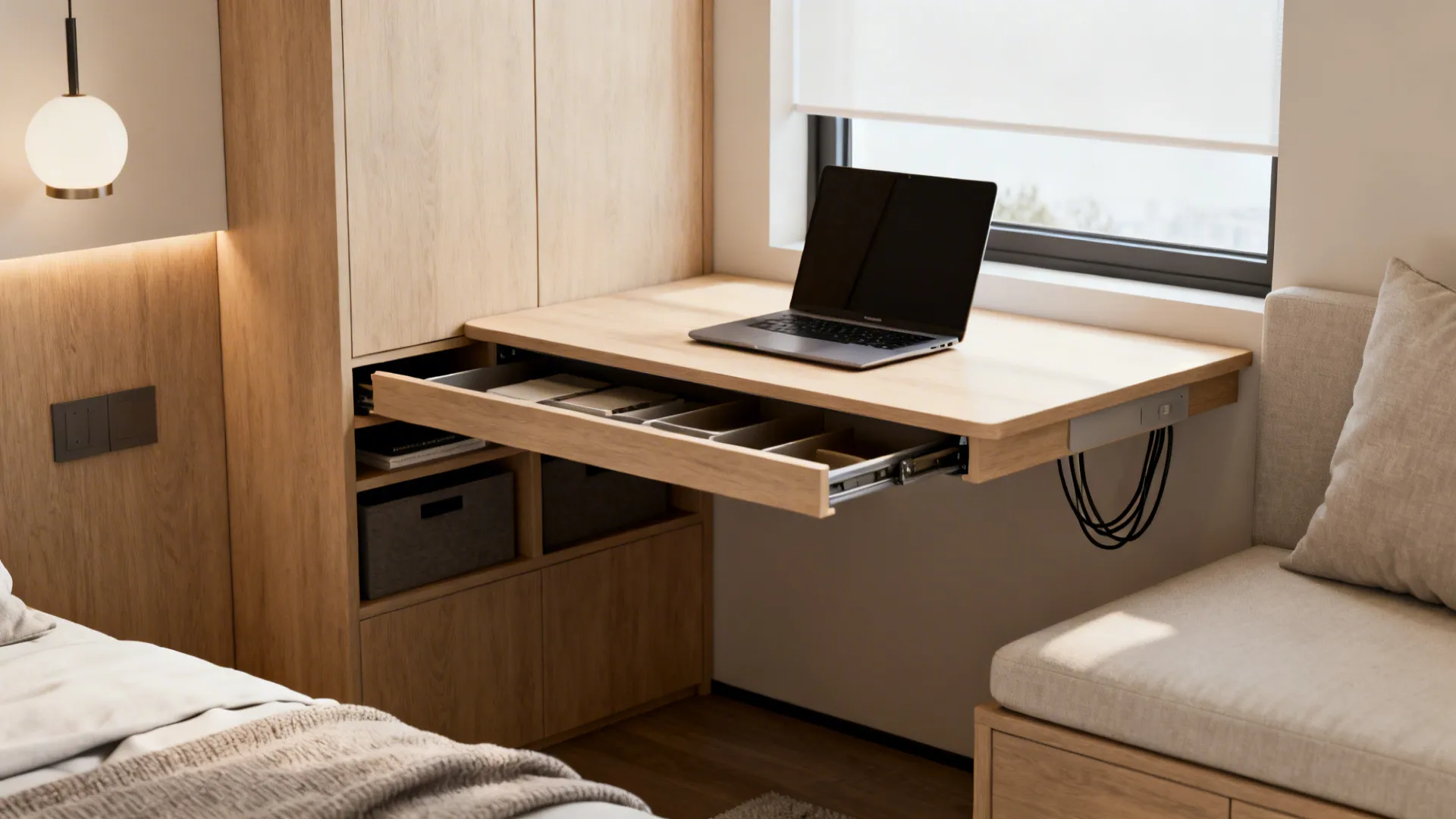 Wall-mounted fold-down desk open to reveal a compact workstation in a multipurpose room