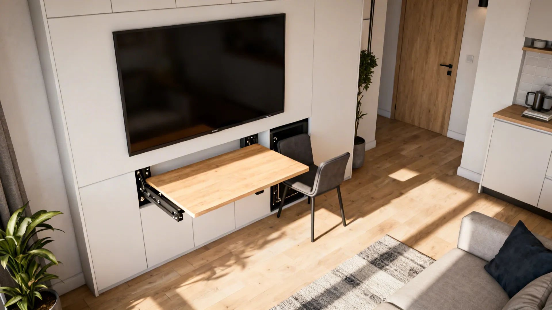 Multi-functional TV wall with a fold-down desk in a small living room maximizing utility