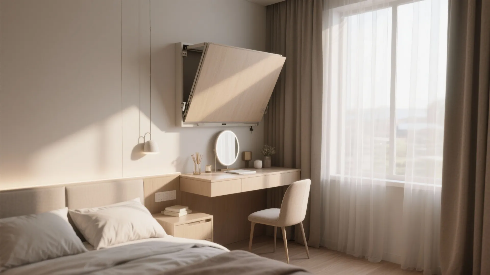 Minimalist bedroom showing a wall-mounted fold-down desk above a wooden vanity table near a window