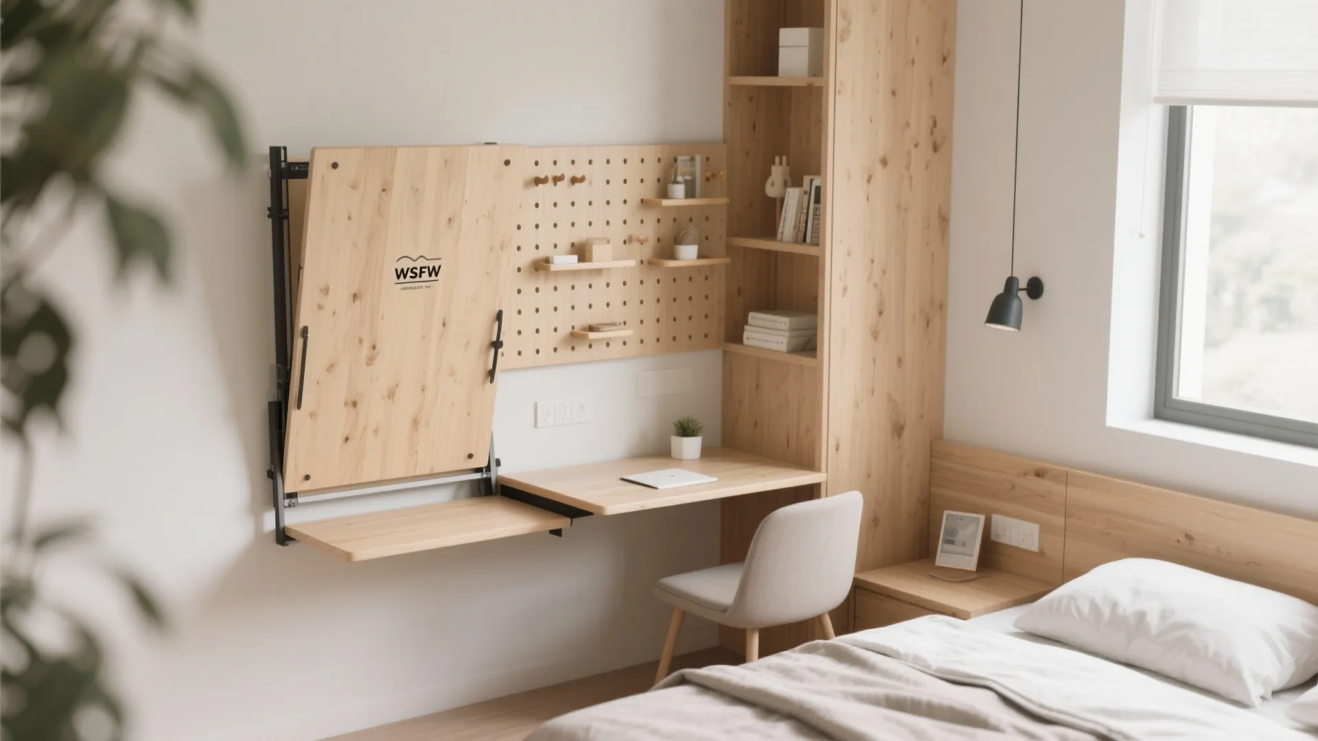Small bedroom with a wall-mounted fold-down desk