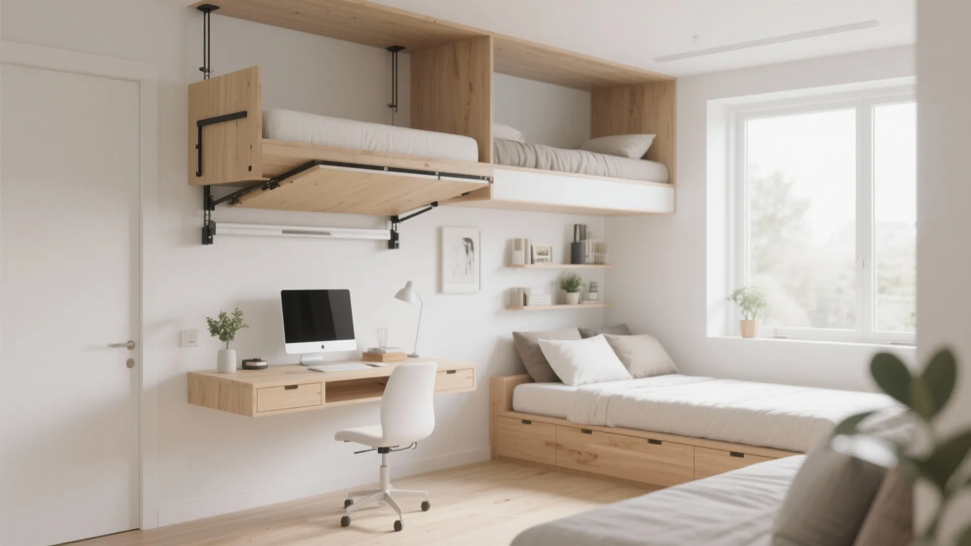 Fold-down desk mounted above daybed in office