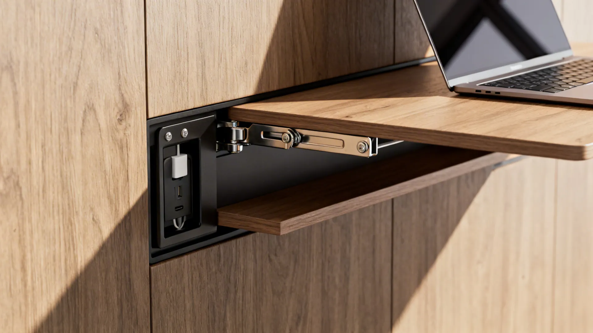 Close-up of fold-down desk hinge and hidden charging station in a compact office.
