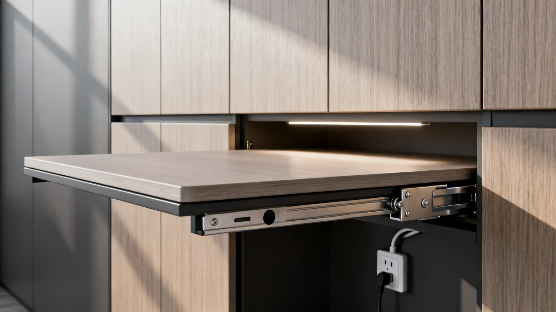 Close-up of a fold-down desk behind cabinet doors showing hinge and cable grommet