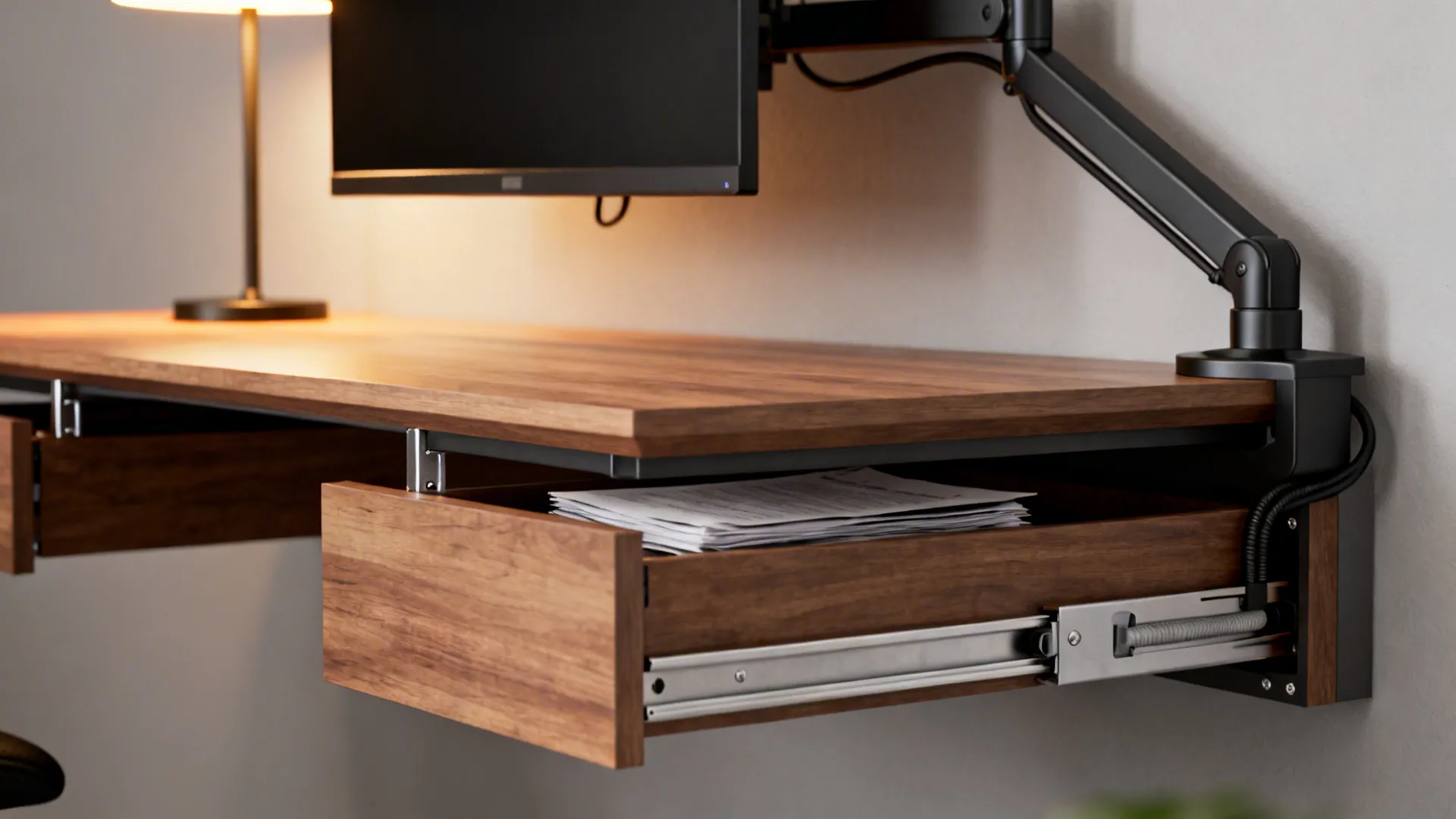 Wall-mounted fold-down desk open with reinforced brackets, hidden storage and tidy cable trunking