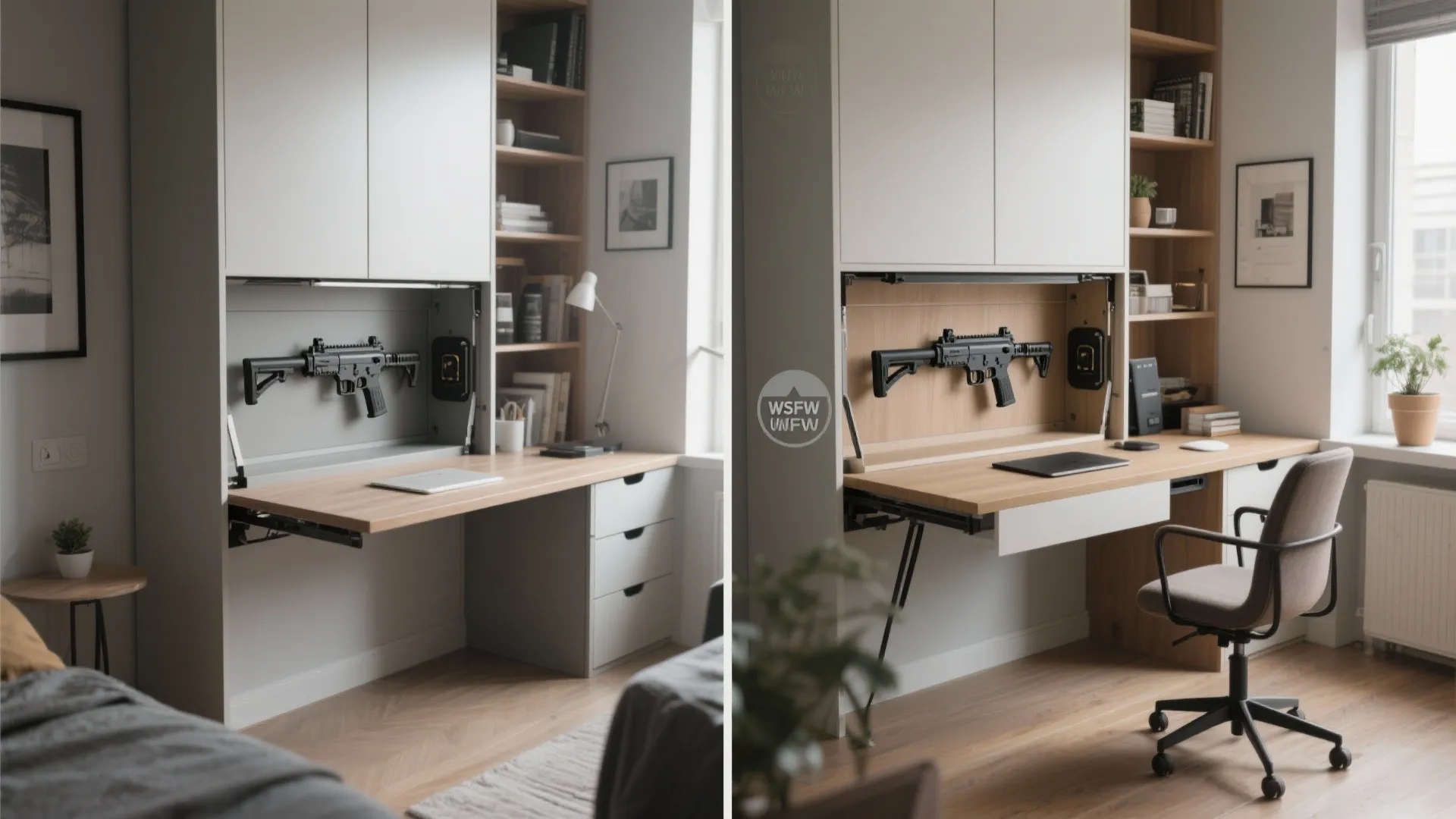 Functional home office setup with a fold down desk and a hidden wall storage area