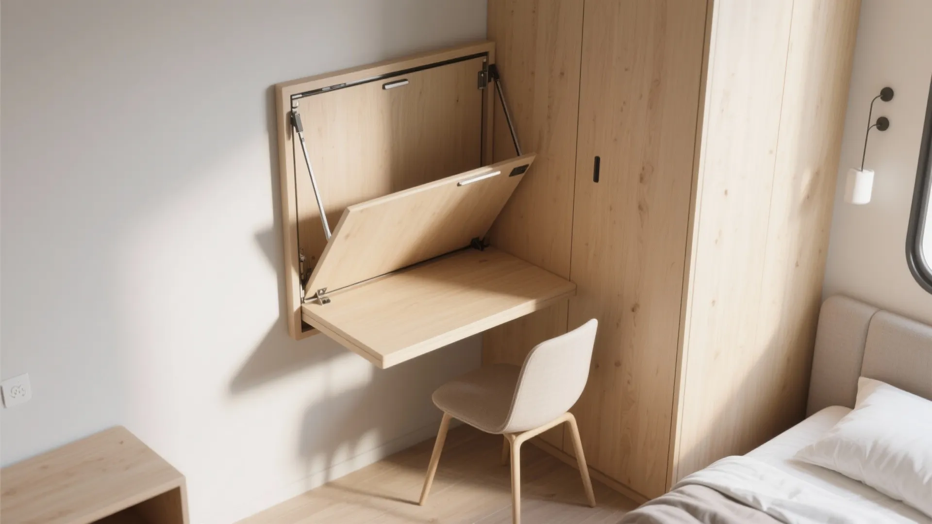 Space saving wood fold down wall desk with a chair next to a large cabinet