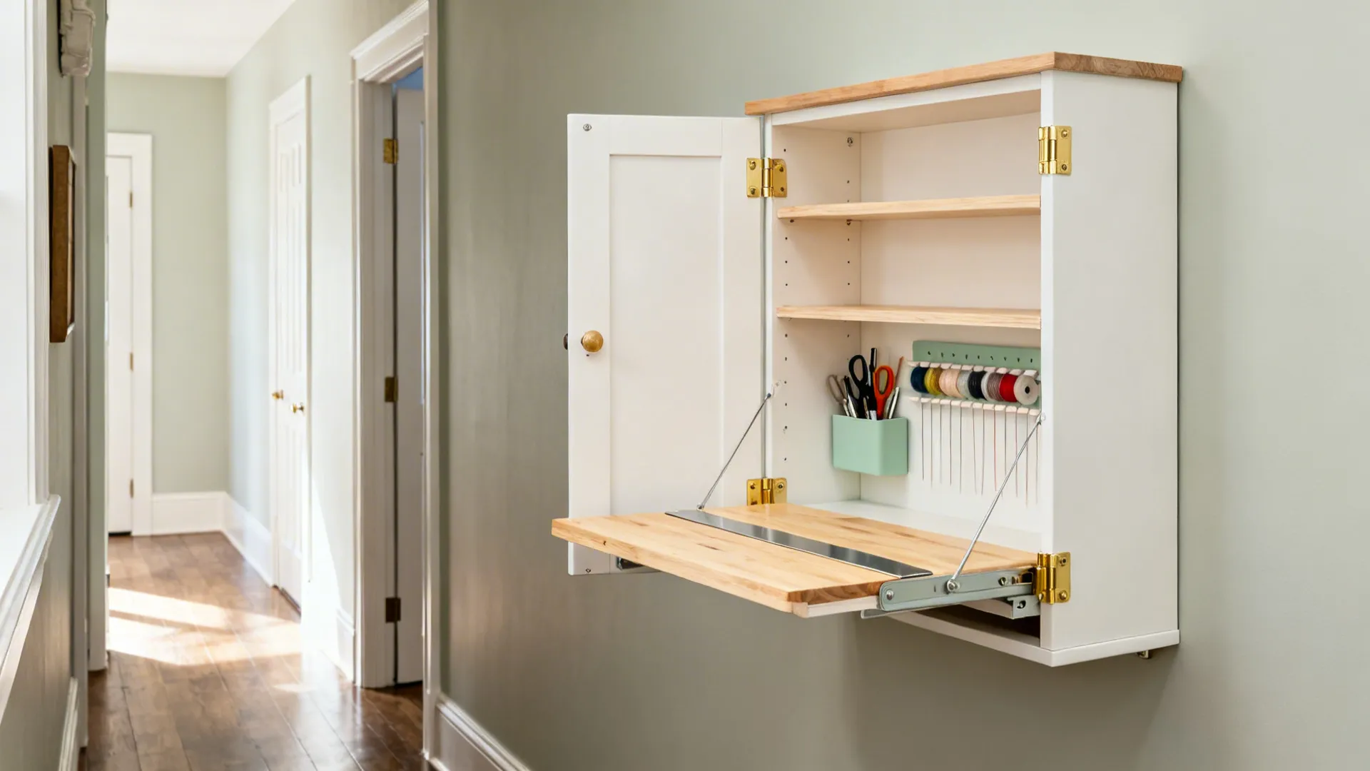 Wall-mounted fold-down craft desk open to reveal shelves and a compact work surface in a hallway.