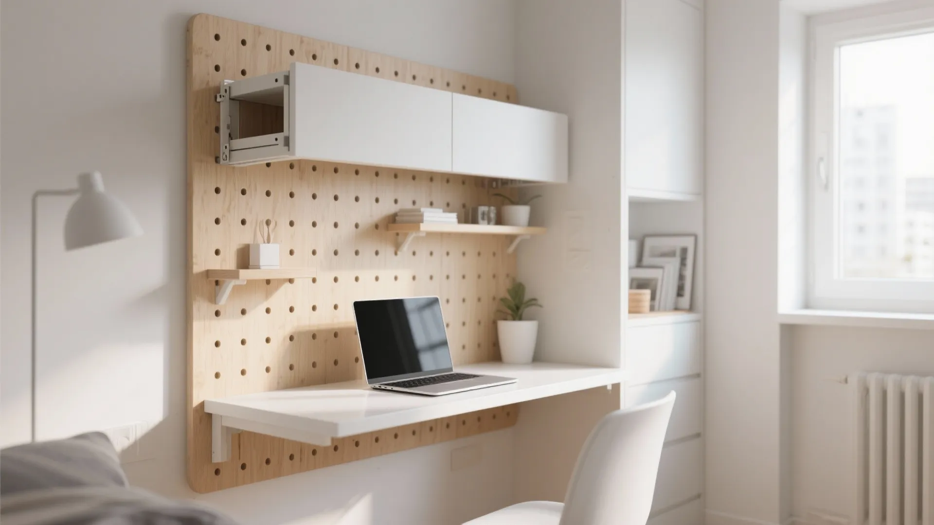 Pegboard with attached fold-down desk in small apartment