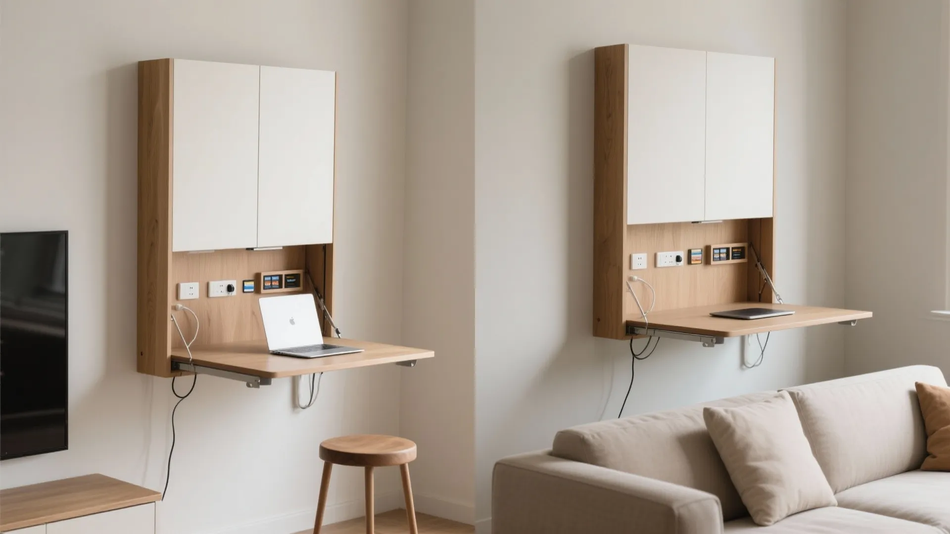 Wall mounted white cabinet folding down into wooden desk with laptop stool and light colored sofa