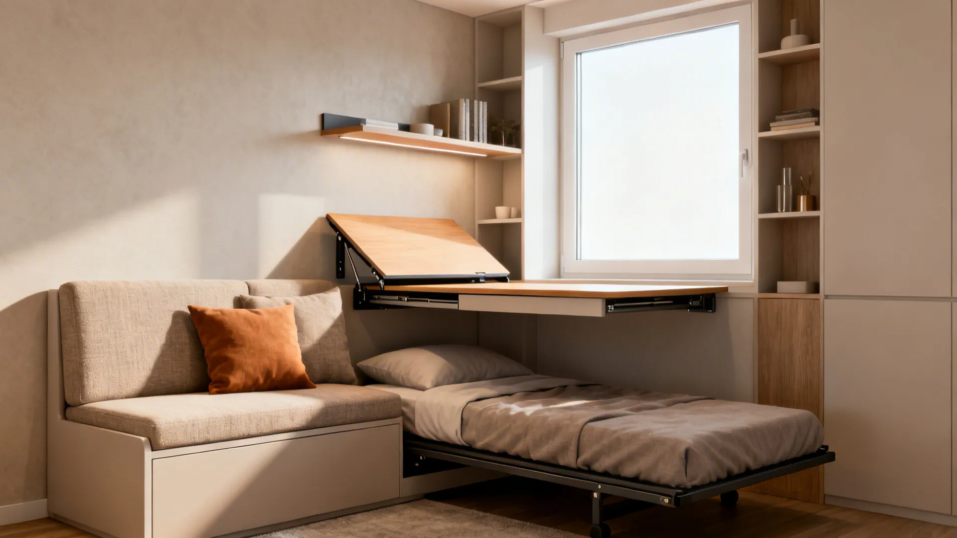 Fold-down wall desk paired with a sofa bed in a renter-friendly small room setup.