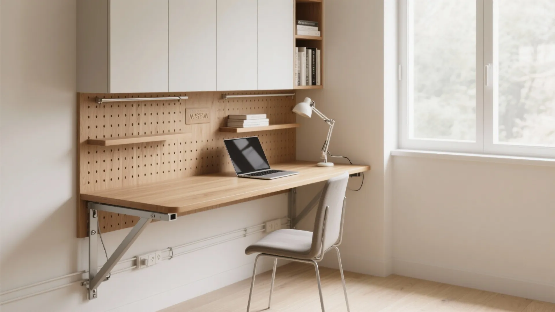 Wall-mounted, fold-down desk + vertical storage