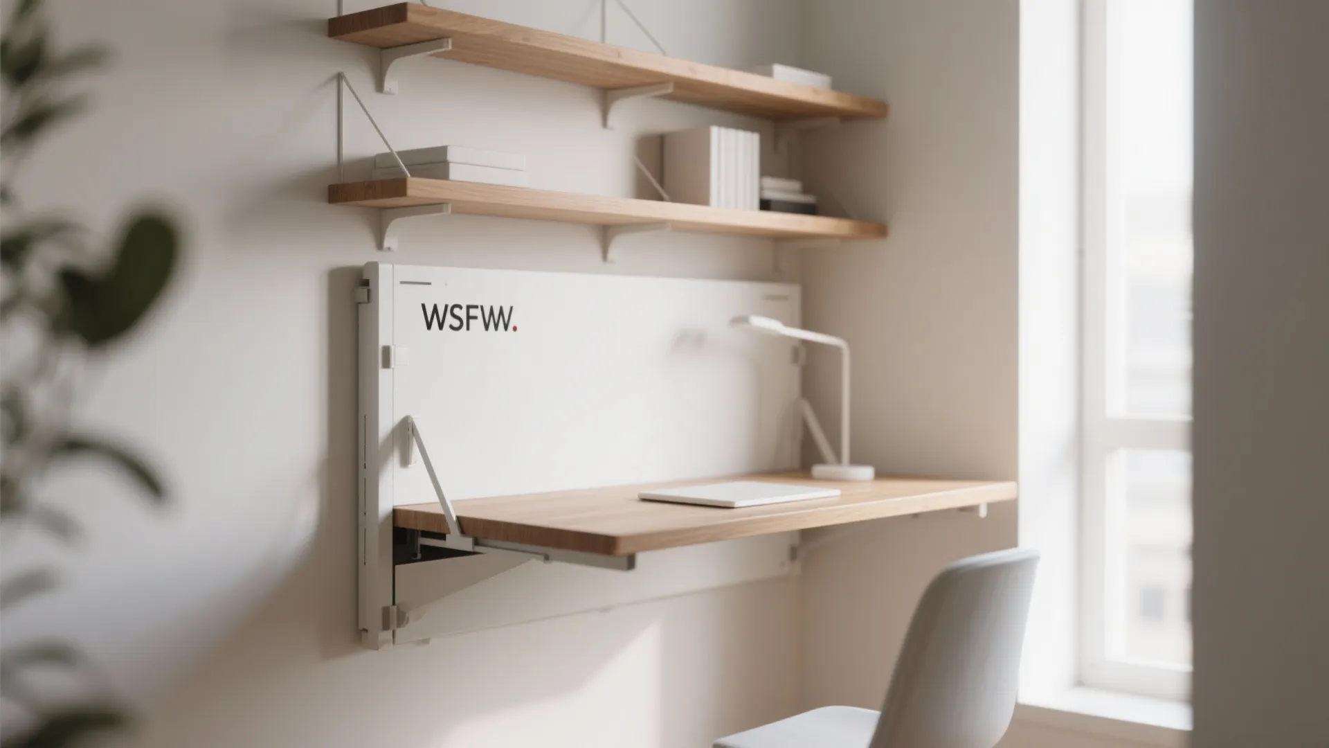 Modern wall mounted folding desk with wooden top white chair and shelves in bright office