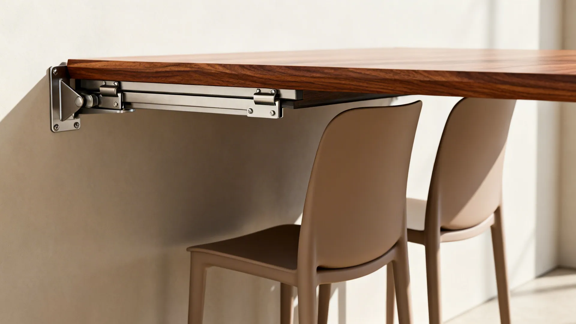 Close-up of a fold-down wall table edge and slim stacked chairs highlighting hinges and wood grain