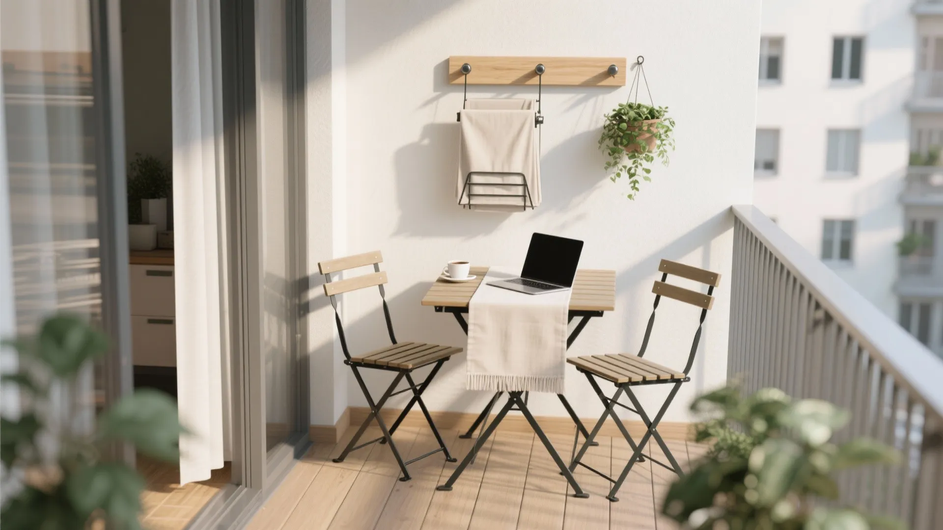 Wall-mounted drop-leaf balcony table with two folding chairs, set for dining and laptop work.
