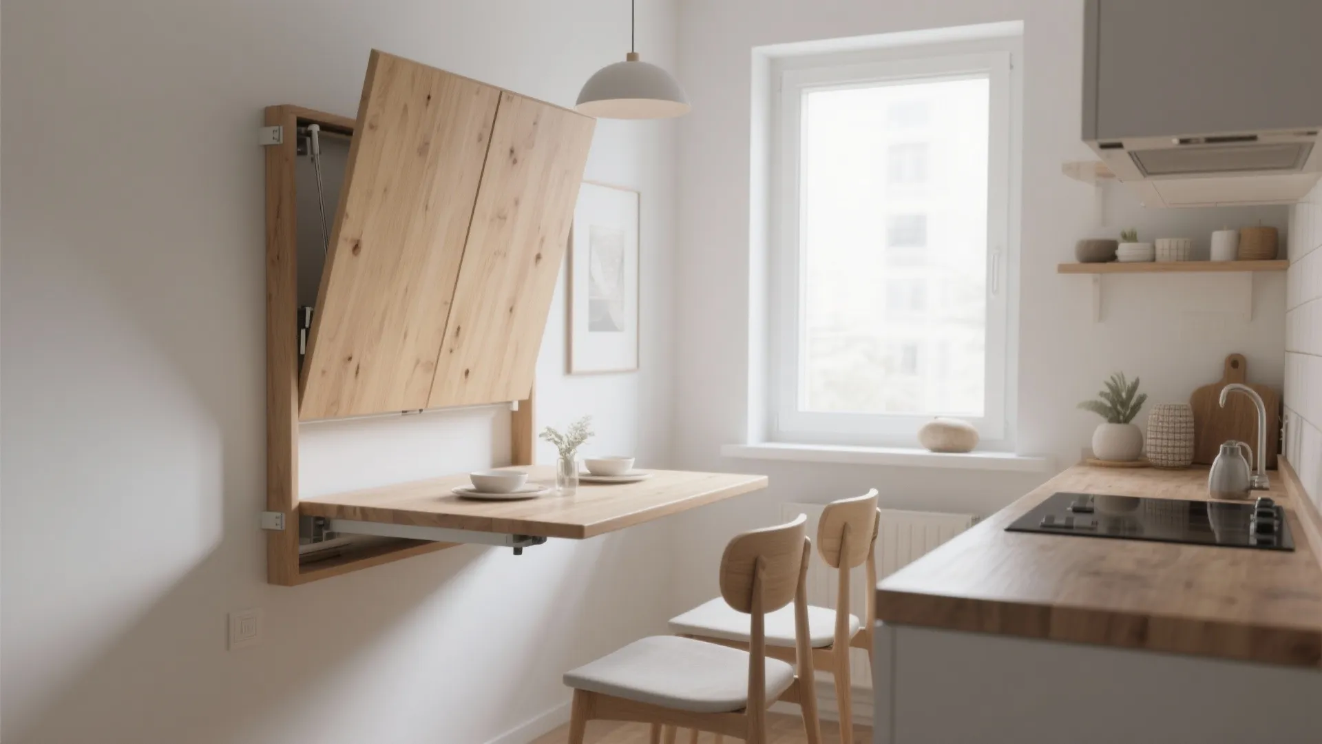 Space saving wooden fold down dining table mounted on white wall in small modern kitchen