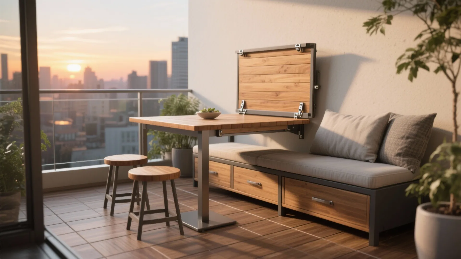 Fold-down dining and nesting seating