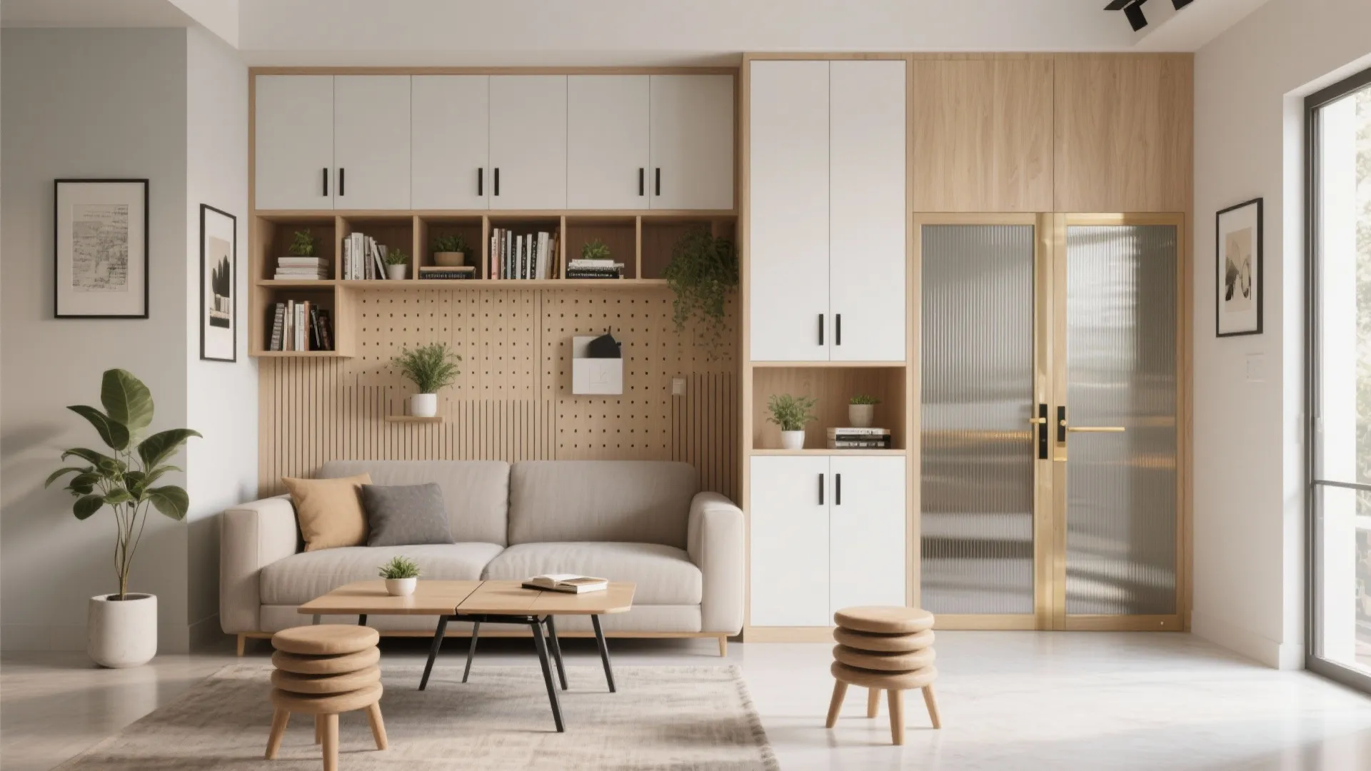 Storage wall with a fold-down dining table