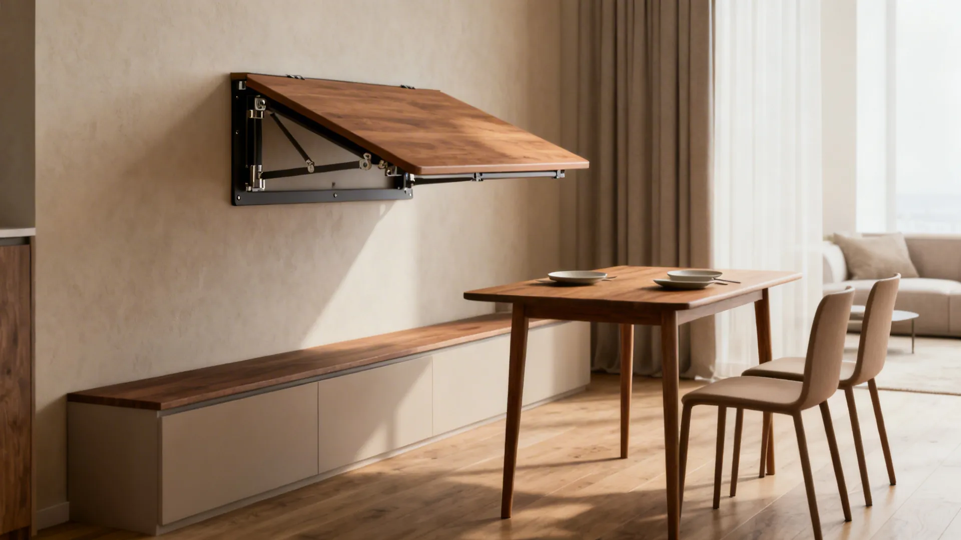 Wall-mounted drop-leaf dining table folded down above a slim console in a studio apartment