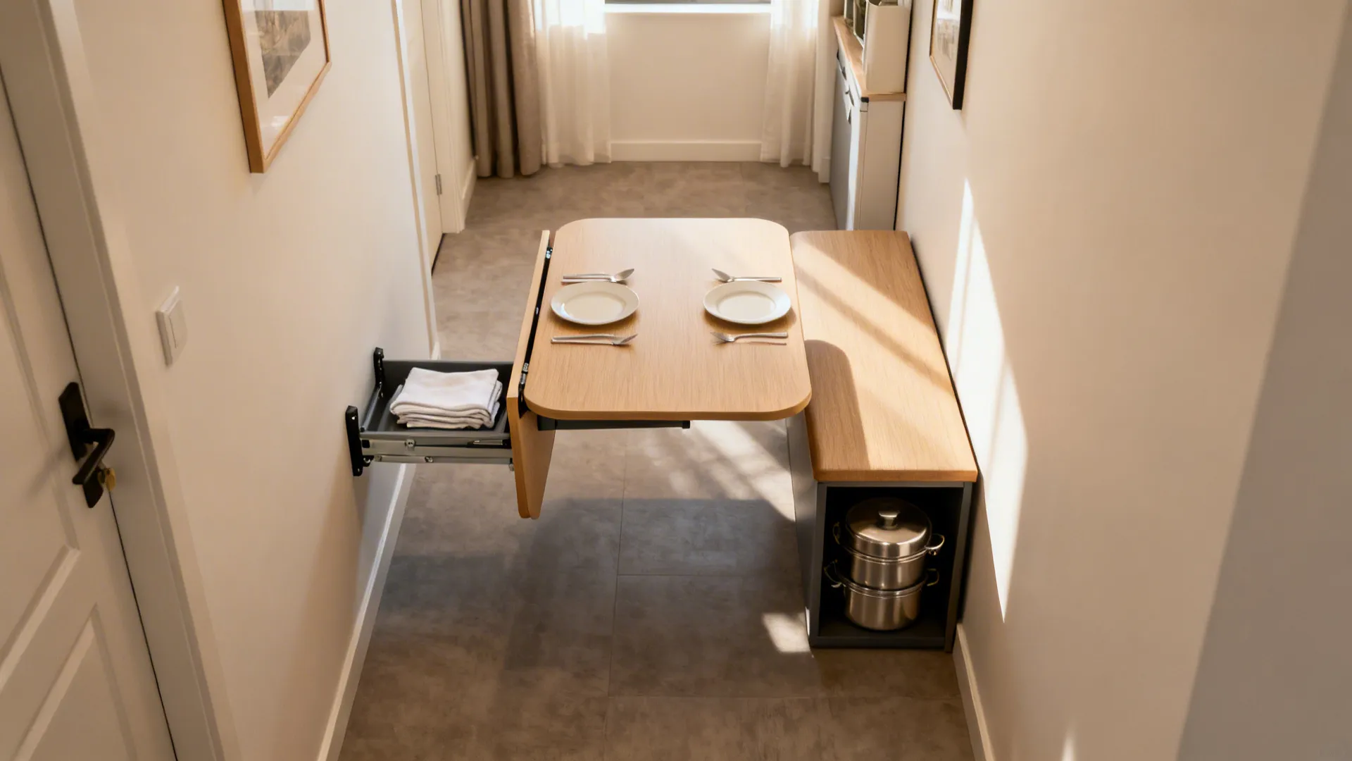 Compact Dining: Fold-Down Tables and Bench Storage