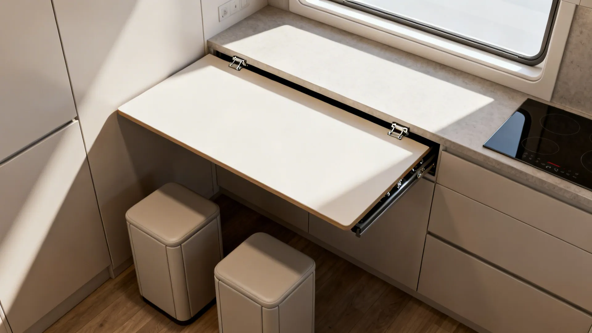 Top-down view of a fold-down dining surface extended in a small kitchen with stools tucked beneath
