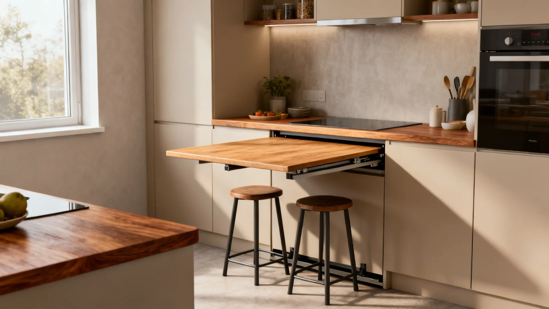 Compact kitchen with a fold-down dining surface and stools tucked underneath.