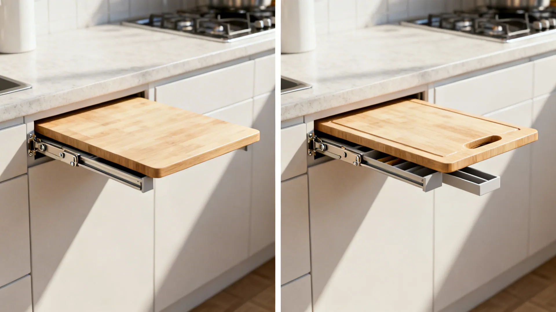 Wall-mounted fold-down table and hidden fold-out cutting board shown folded and deployed in a small kitchen