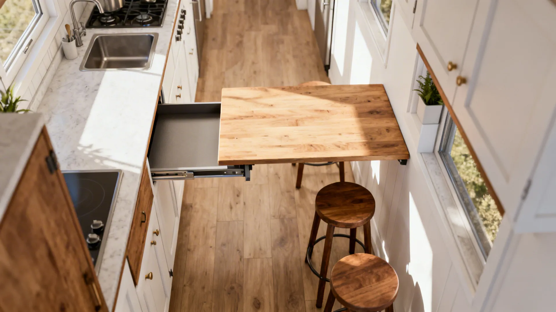 Top-down layout of a fold-down dining table extended in a galley kitchen
