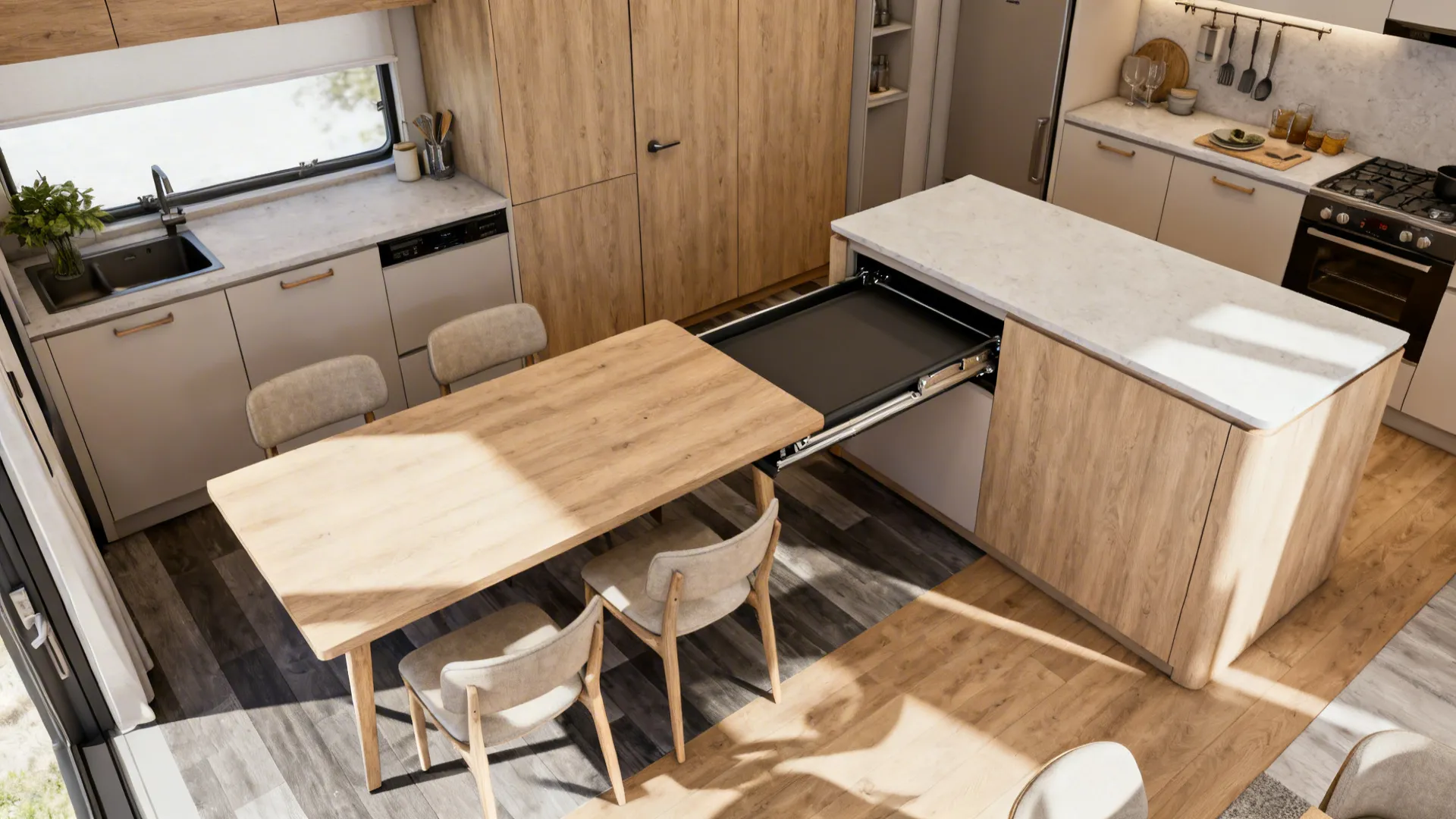 Top-down view of a fold-down dining table and slide-out island table in a tiny kitchen.