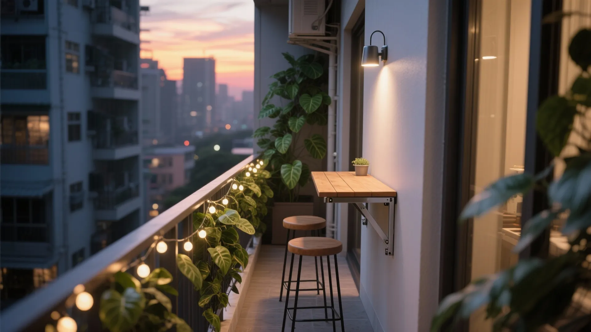 Slim fold-down wall table with two stools on a narrow balcony with plants and string lights.