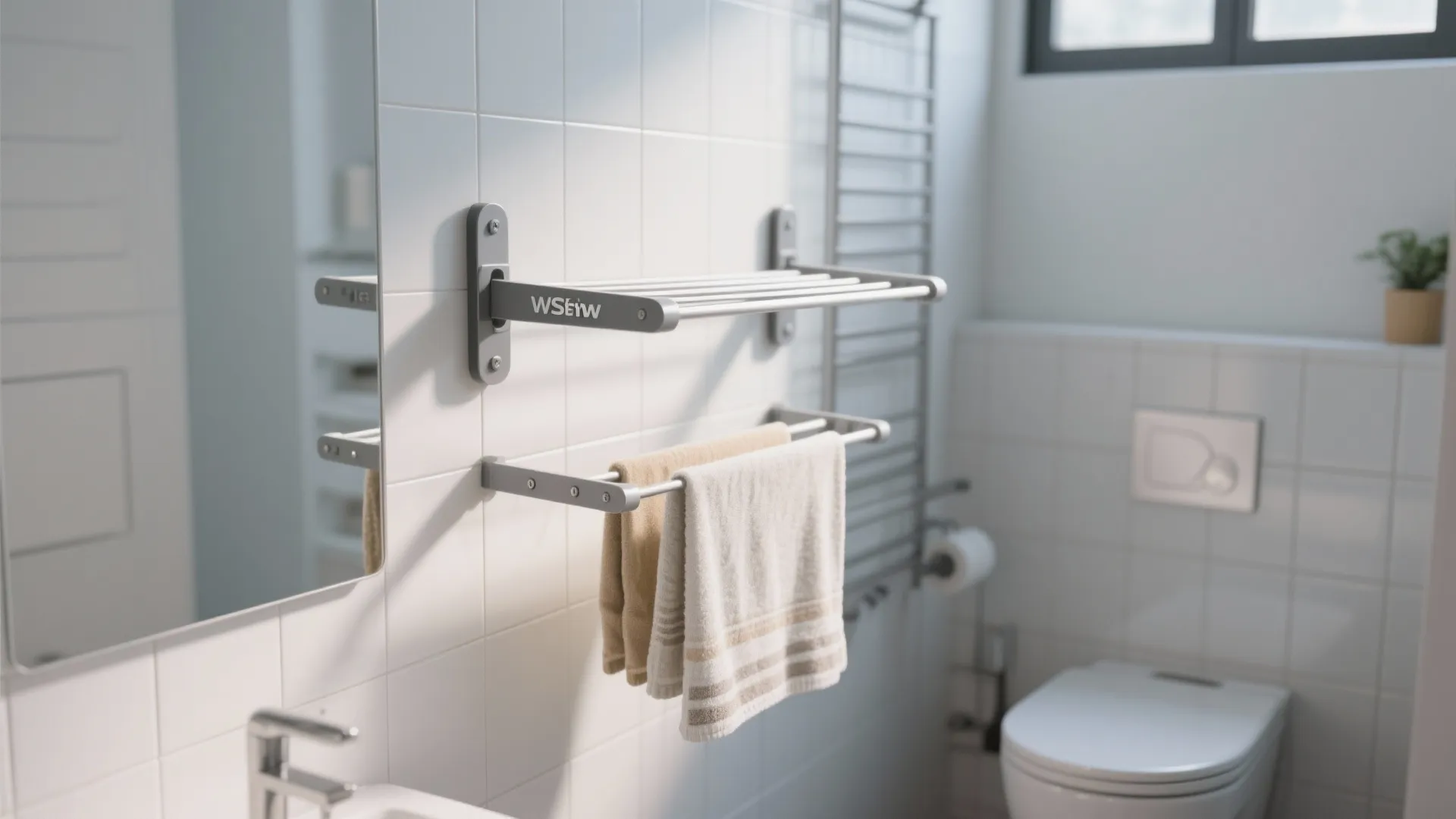 Wall mounted grey metal drying rack with hanging towels in a bright white tiled bathroom