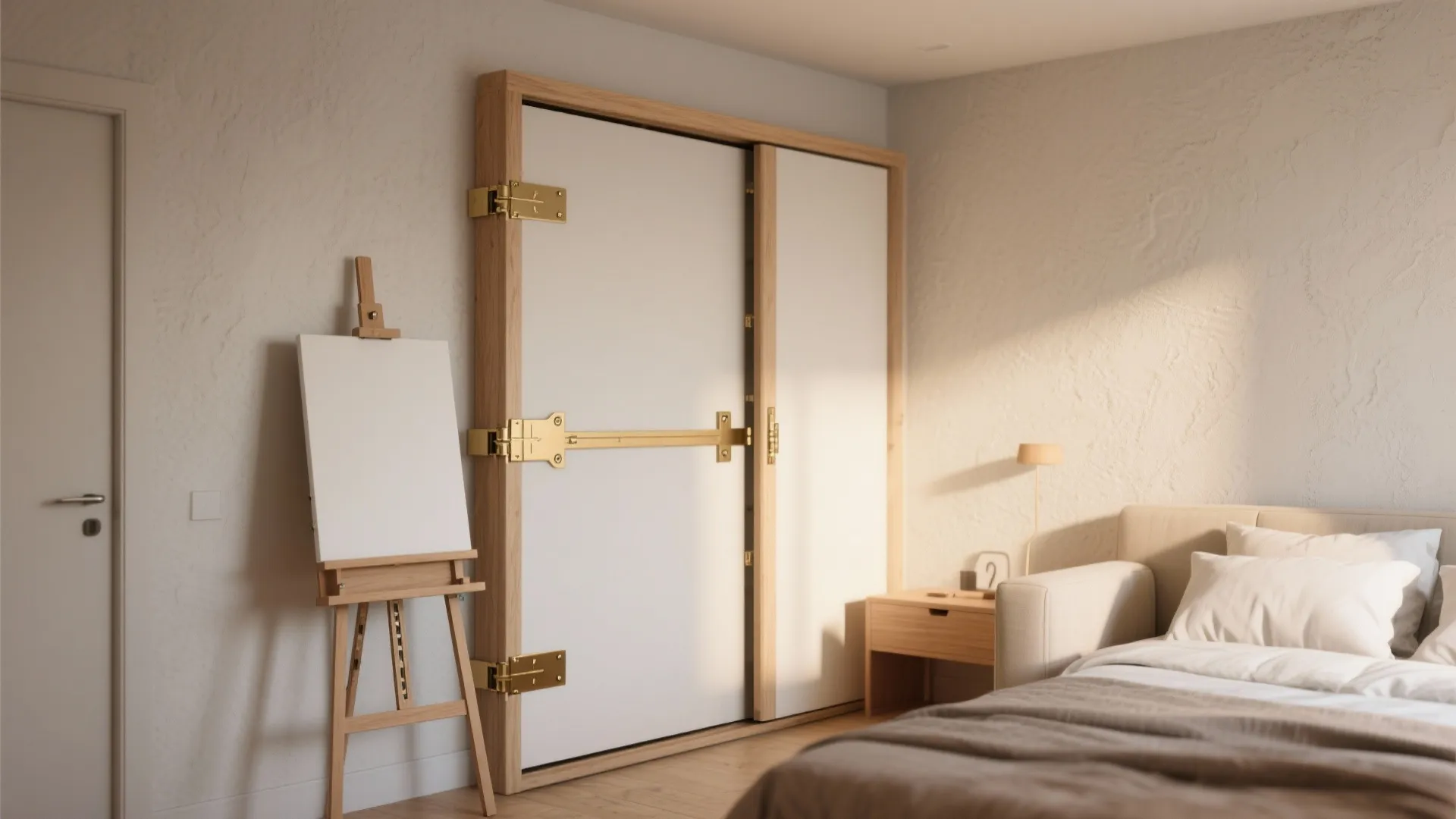 Modern bedroom featuring a wooden easel with white canvas beside a bed and wall cabinet