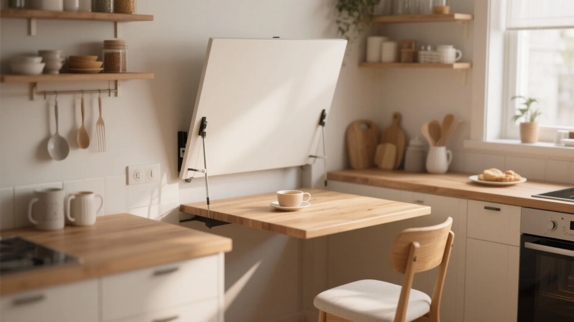Small kitchen area featuring a wall mounted folding wooden table with a white cup and chair