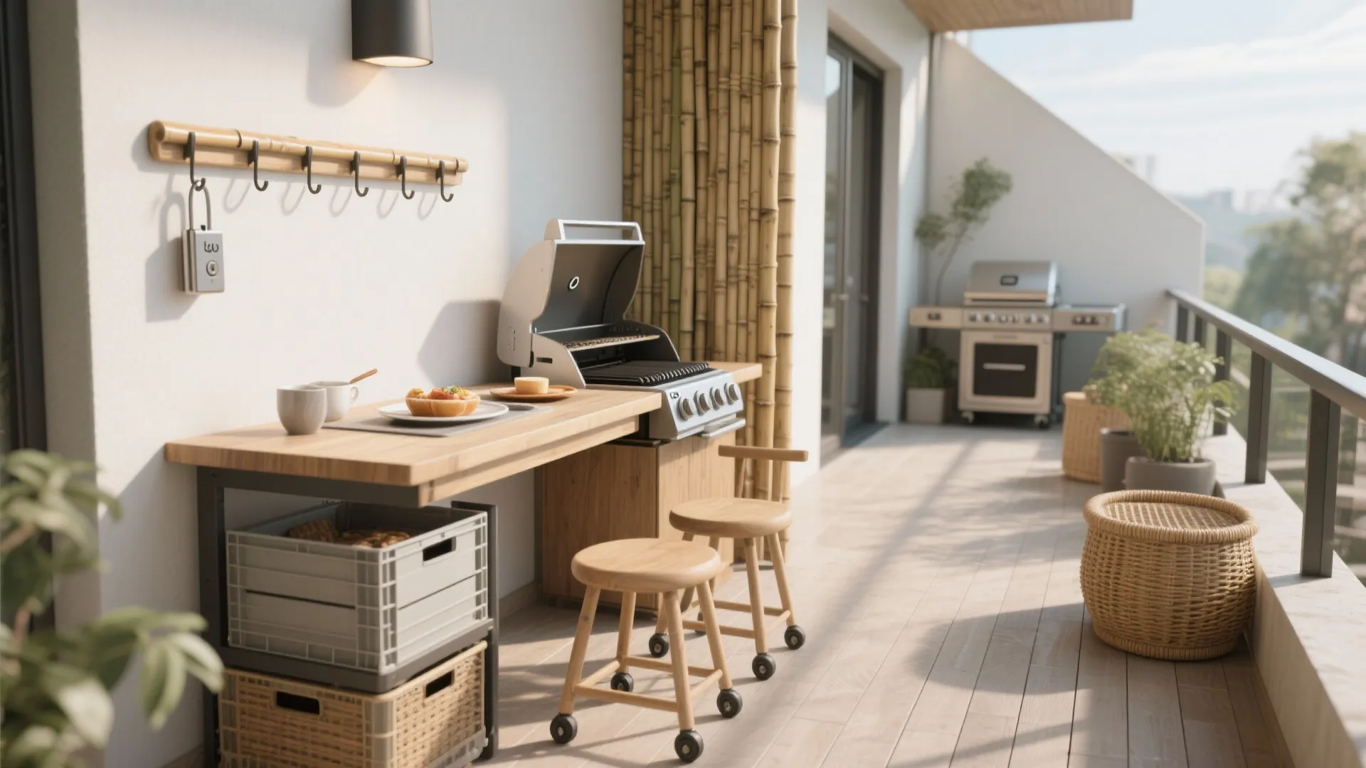 Fold-down prep table and nesting stools optimize a kubo balcony kitchen.