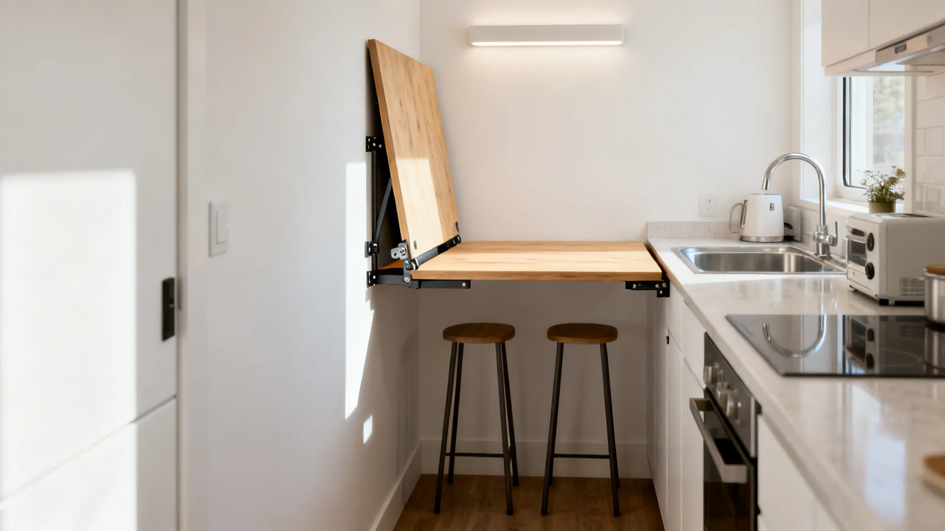 Galley kitchen with a fold-down wall table open with two stools and a warm sconce above.