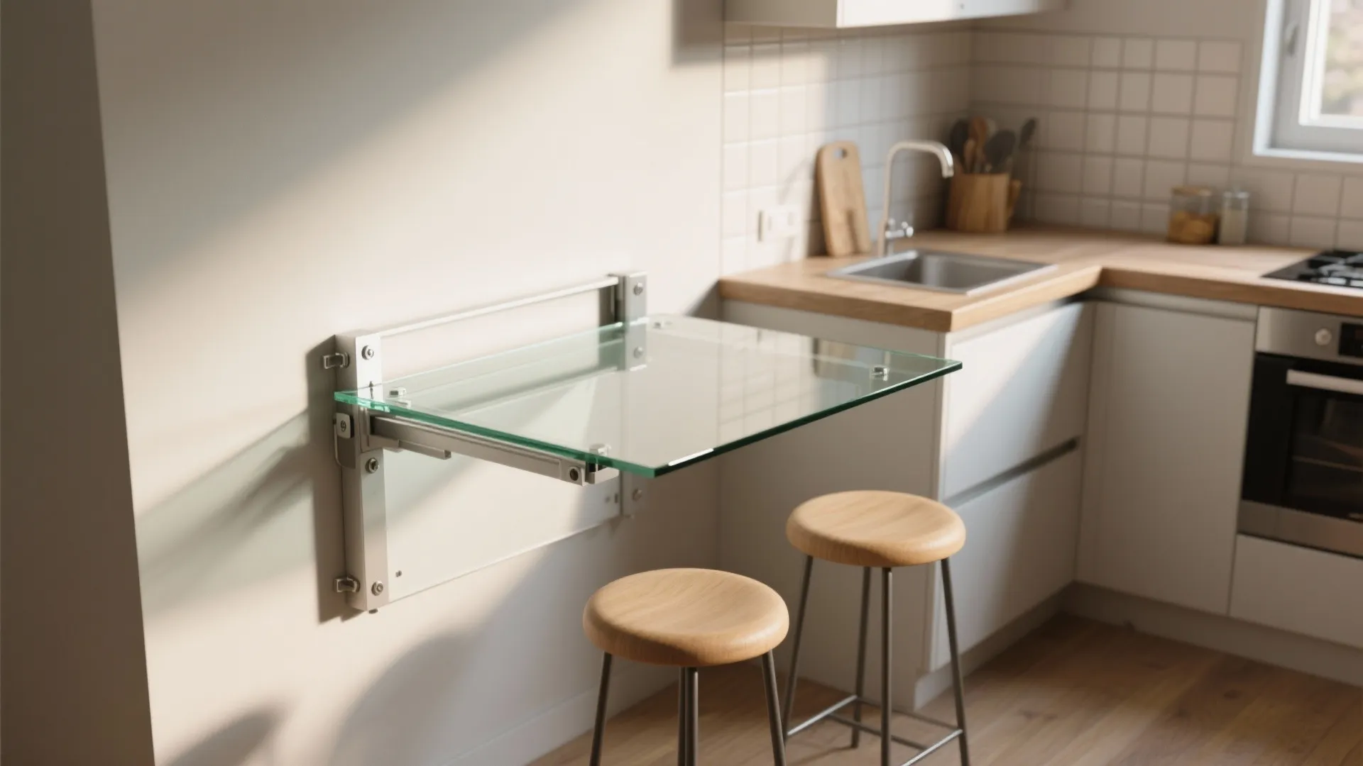 Wall mounted glass folding table in small kitchen with two wooden bar stools and white cabinets