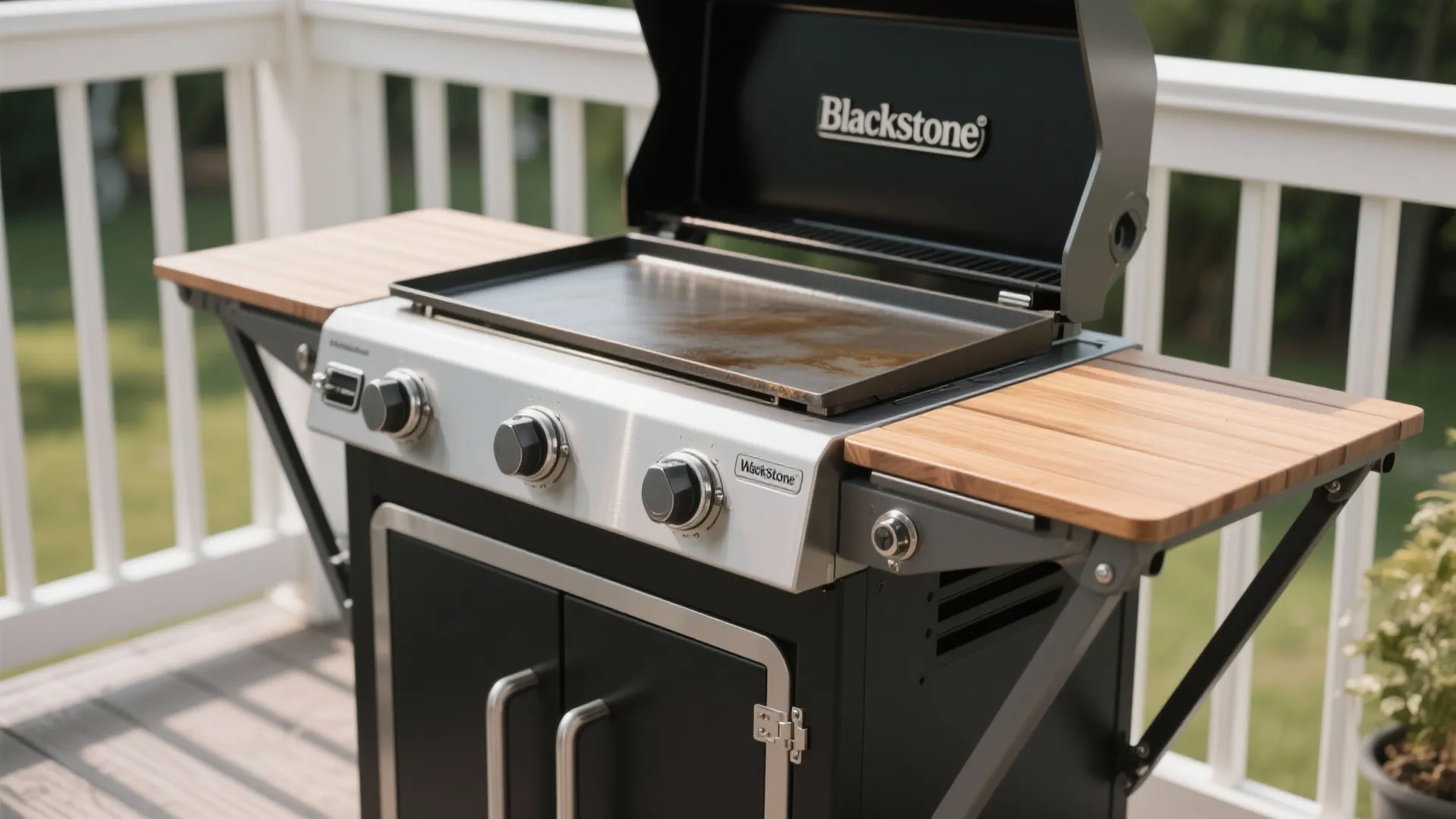 Black outdoor cooking station with foldable wood side tables standing on a white wooden deck