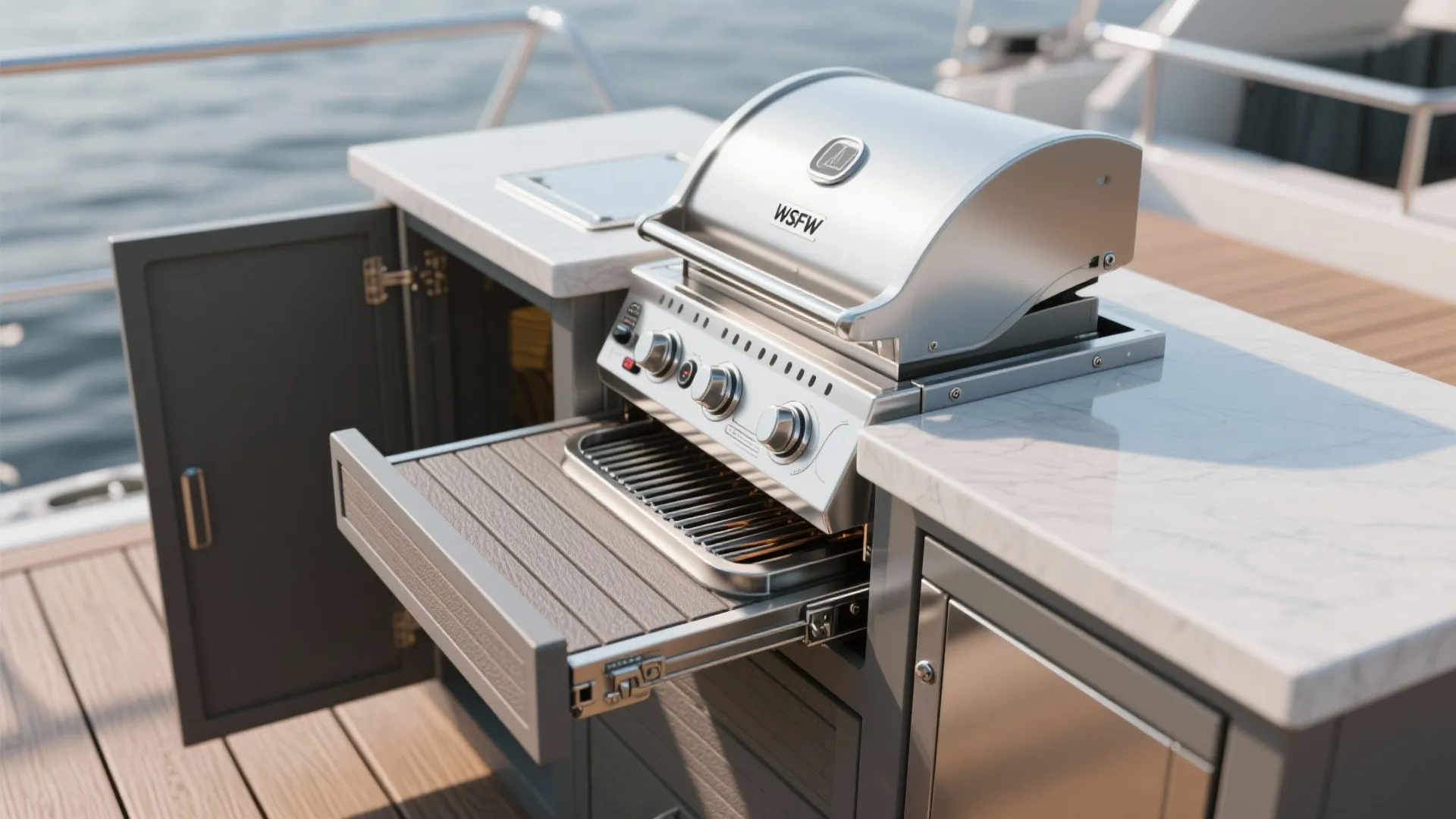 Close up of a stainless steel grill with an open drawer on a boat deck