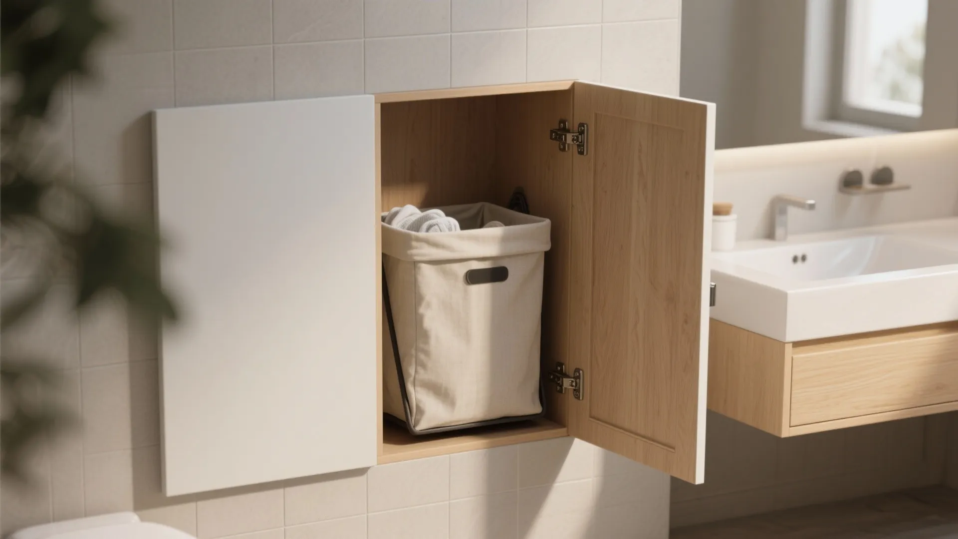 Laundry basket stored inside a wooden wall cabinet next to a modern white bathroom vanity