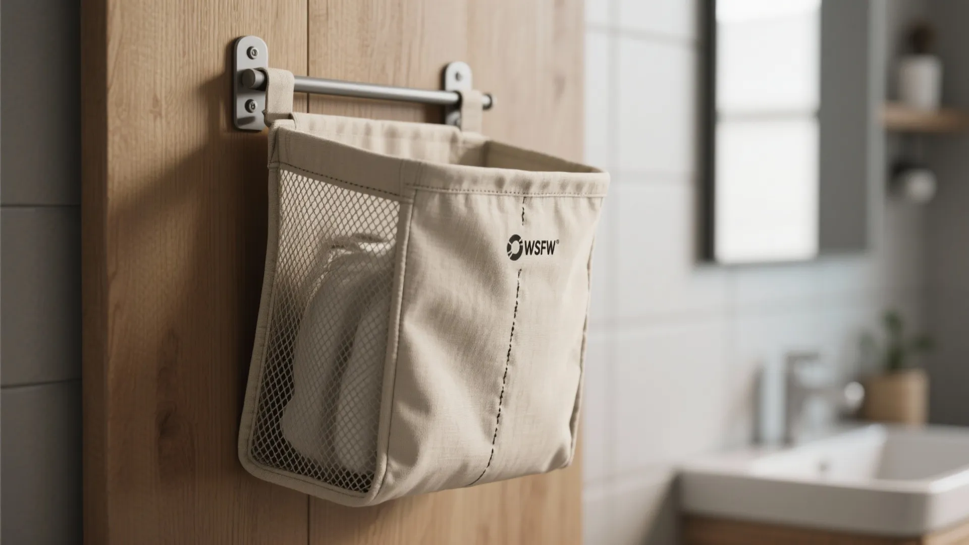 Small fabric storage bag with mesh side hanging on a metal rod against wooden wall