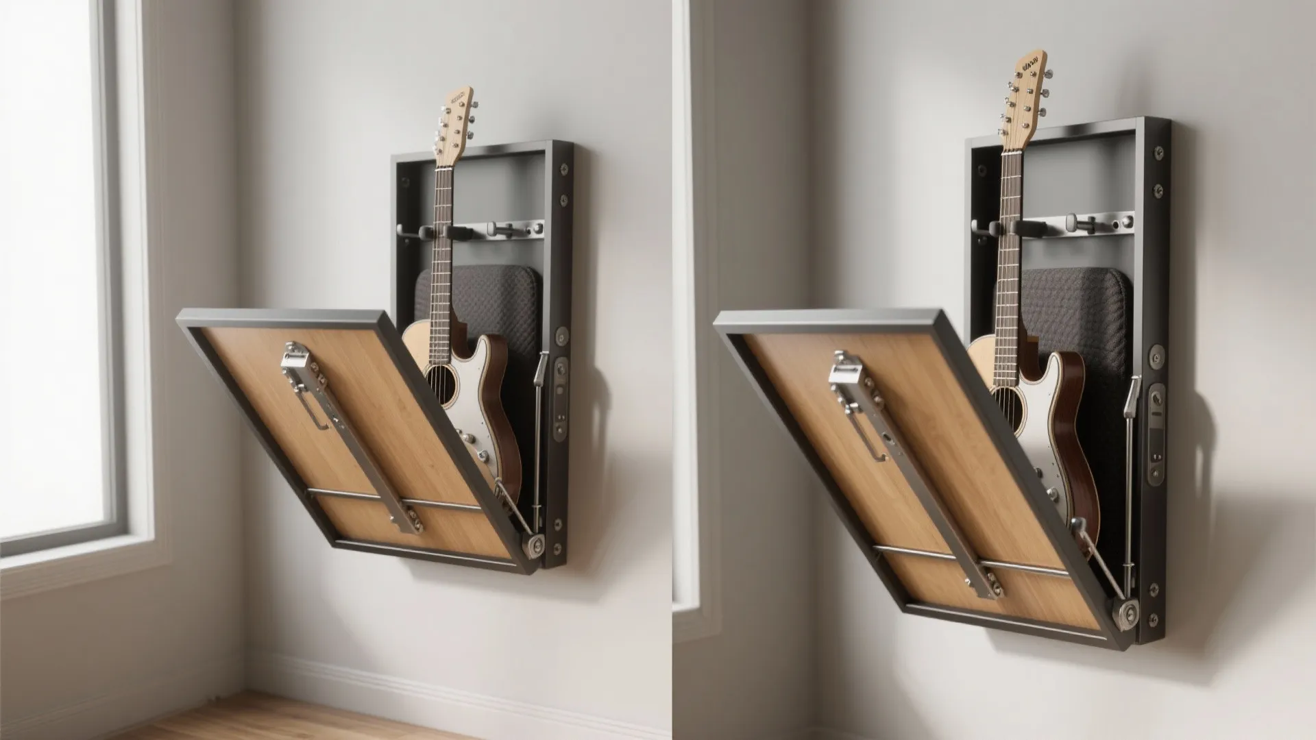 Modern wall mounted guitar storage cabinet with a fold down door and wood grain finish