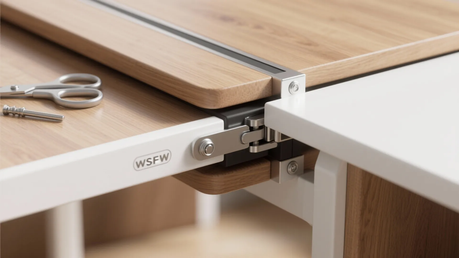Close up of metal folding table hinge connecting wooden board and white frame with small scissors