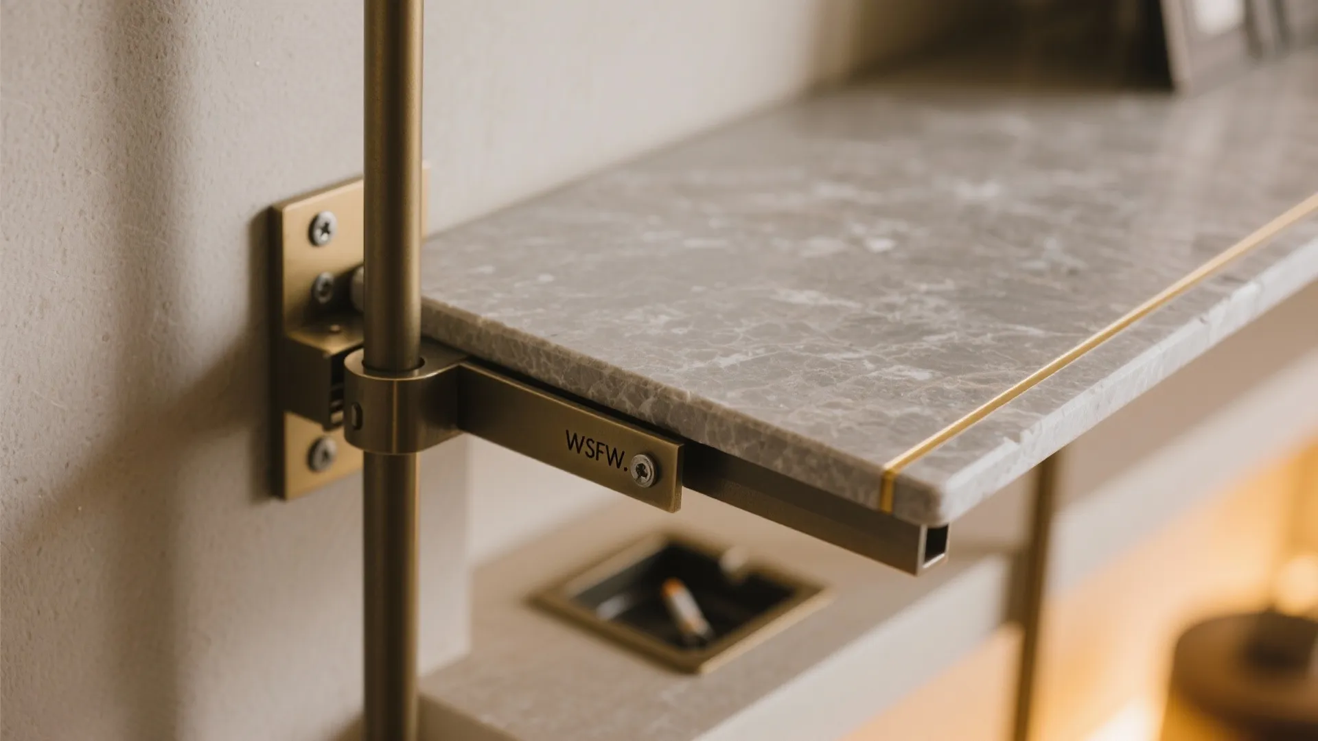 Close up view of a marble shelf supported by a brass metal pole and wall bracket