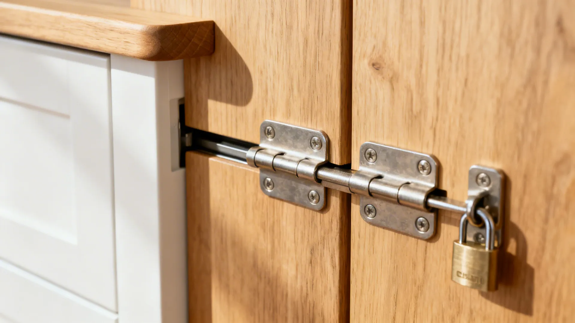 Macro of sturdy hinge and locking hardware on a light oak fold-down kitchen surface.