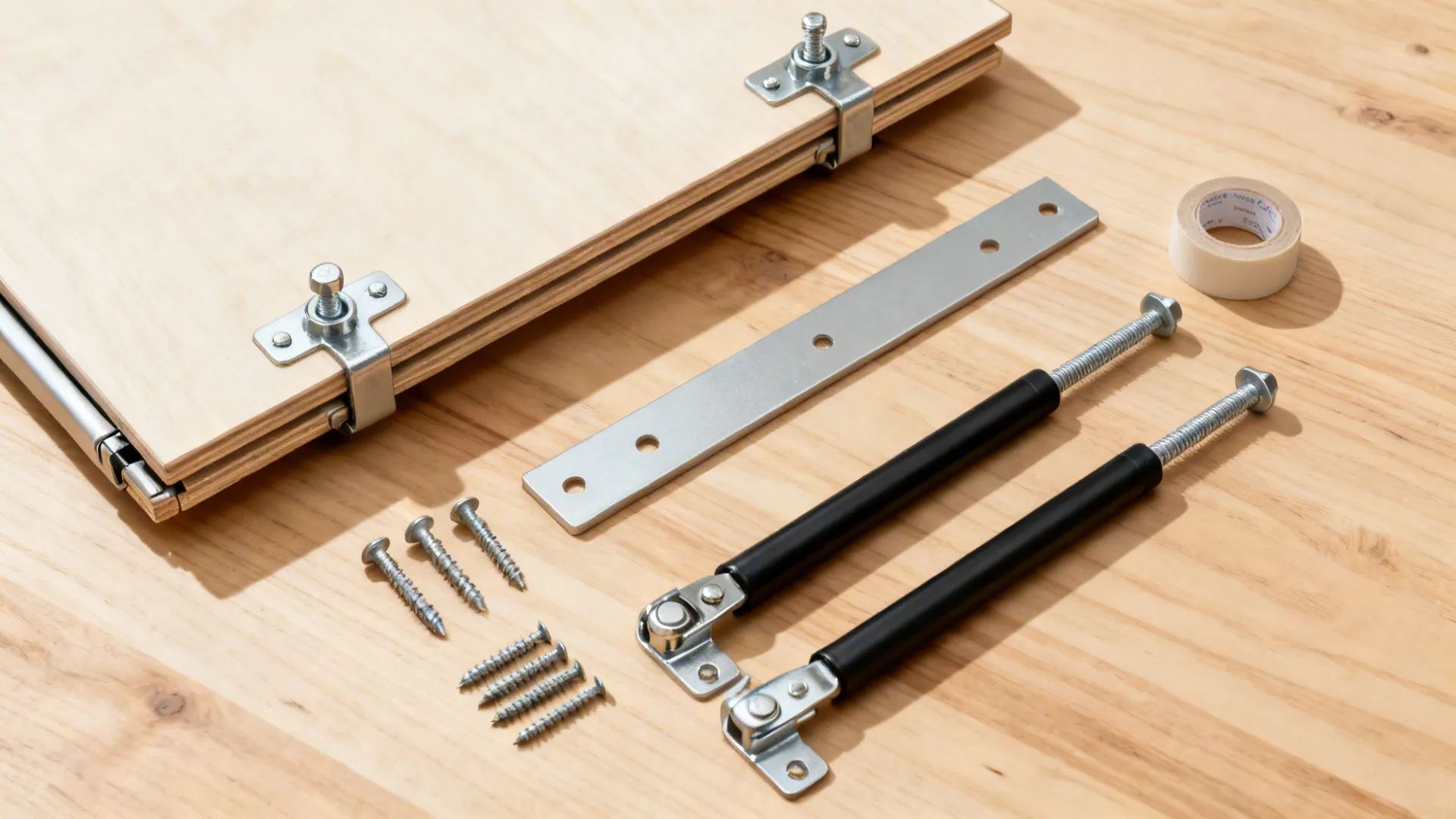 Top-down layout of fold-down table hardware including French cleat, hinges, and bolts on light oak.