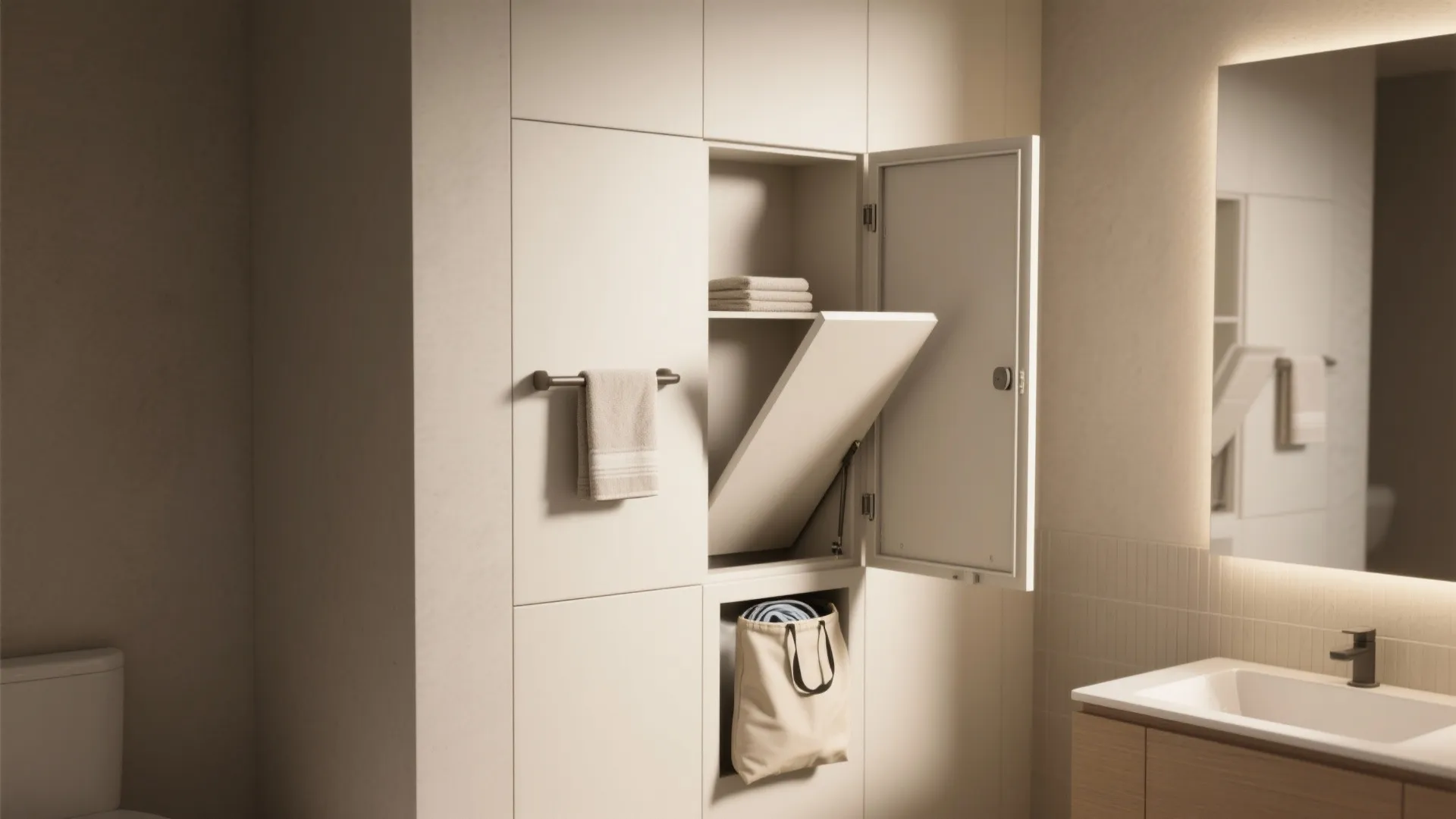 Built-in wall cabinet with laundry chute opening above a white bag in a modern bathroom