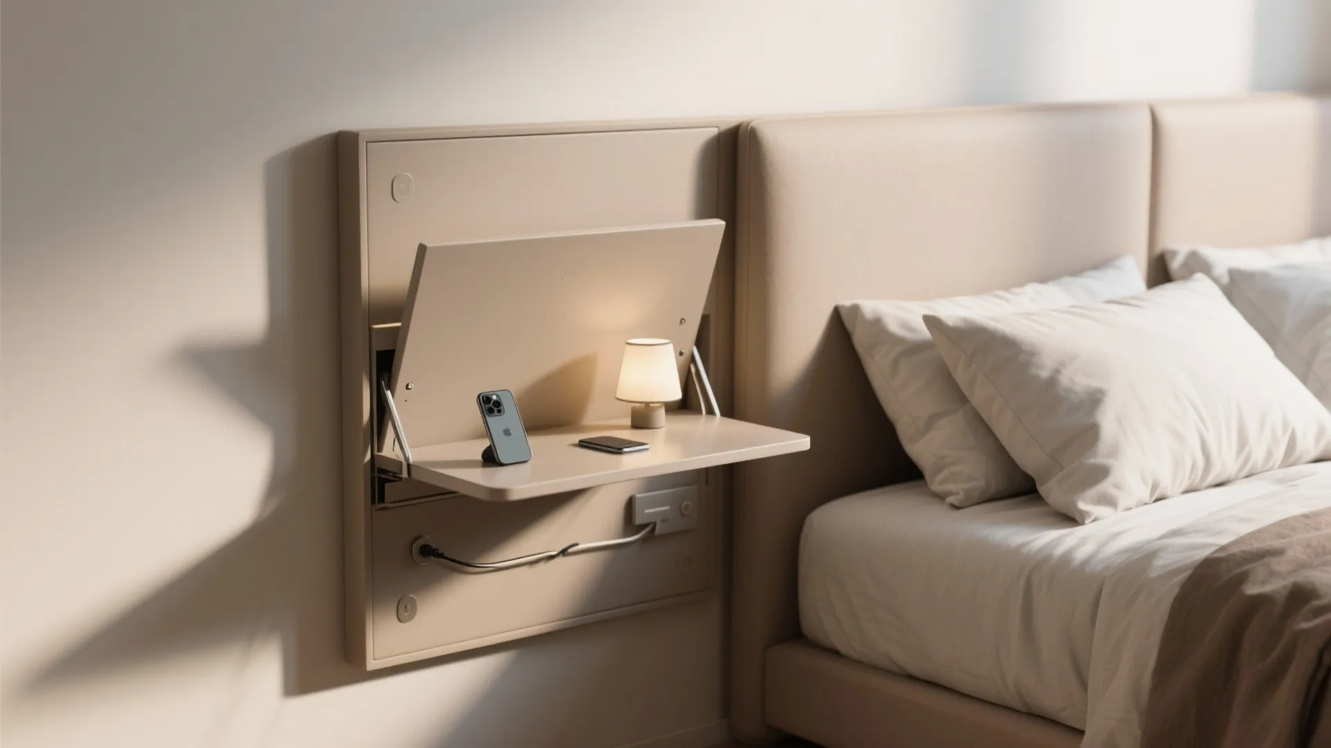 Thin fold-down headboard with a flip-out shelf and hidden cable channel in a compact bedroom.