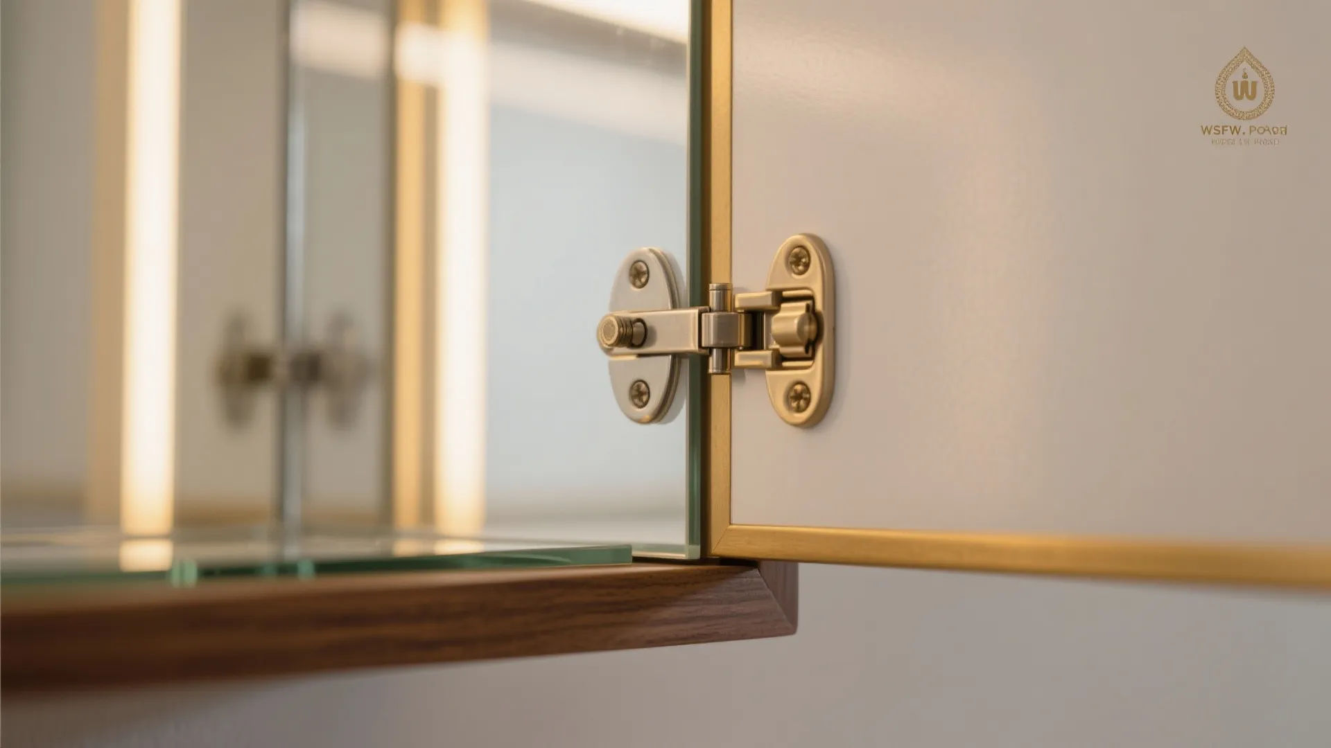 Close up view of metal hinge attached to white cabinet door and glass mirror bathroom shelf