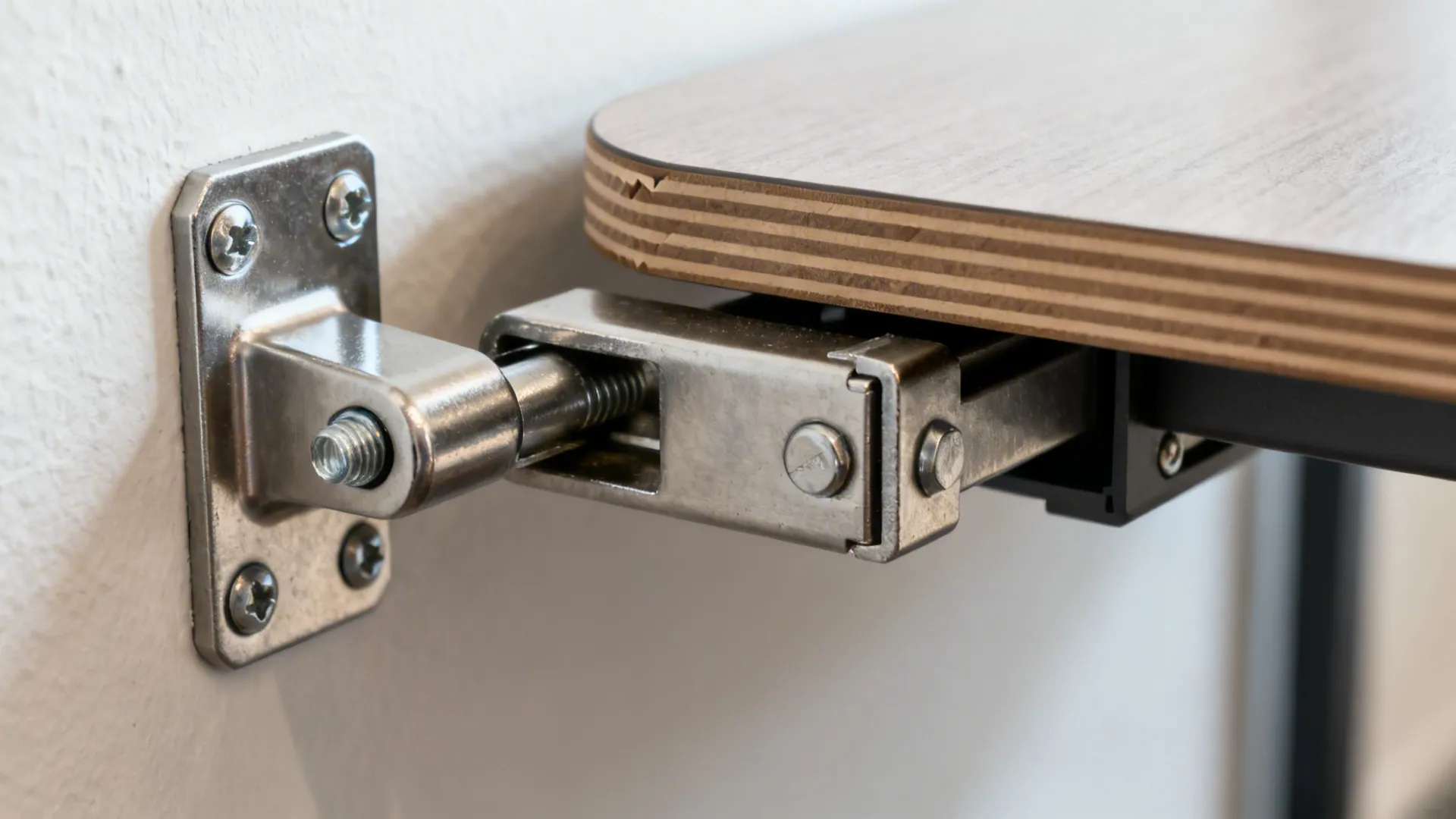 Macro of a sturdy hinge, locking arm, and French cleat on a fold-down table.