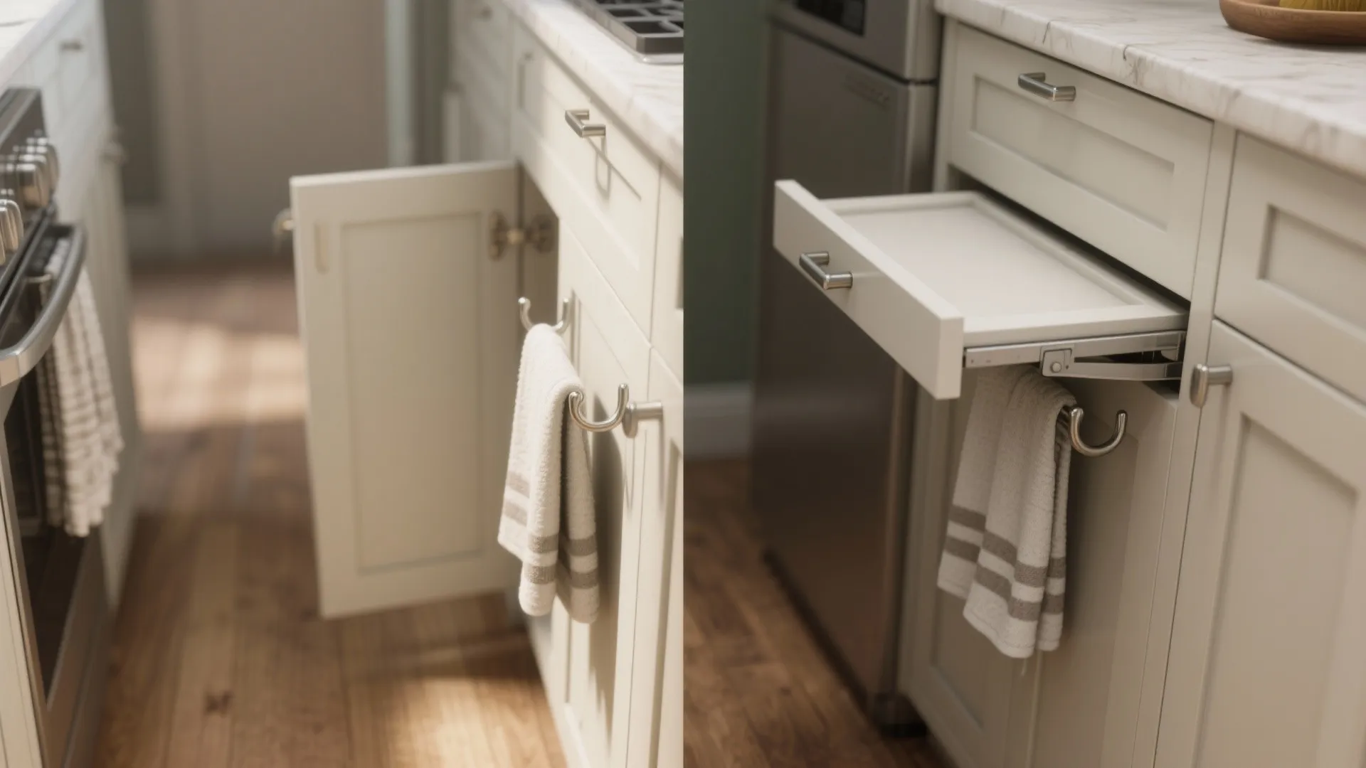 Fold-down hook on an end cabinet shown tucked and flipped out with a towel, top-down comparison.