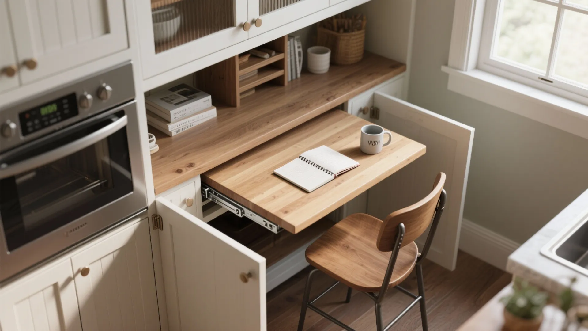 A kitchen cabinet with a pull-out wooden desk notebook mug and a wooden chair nearby